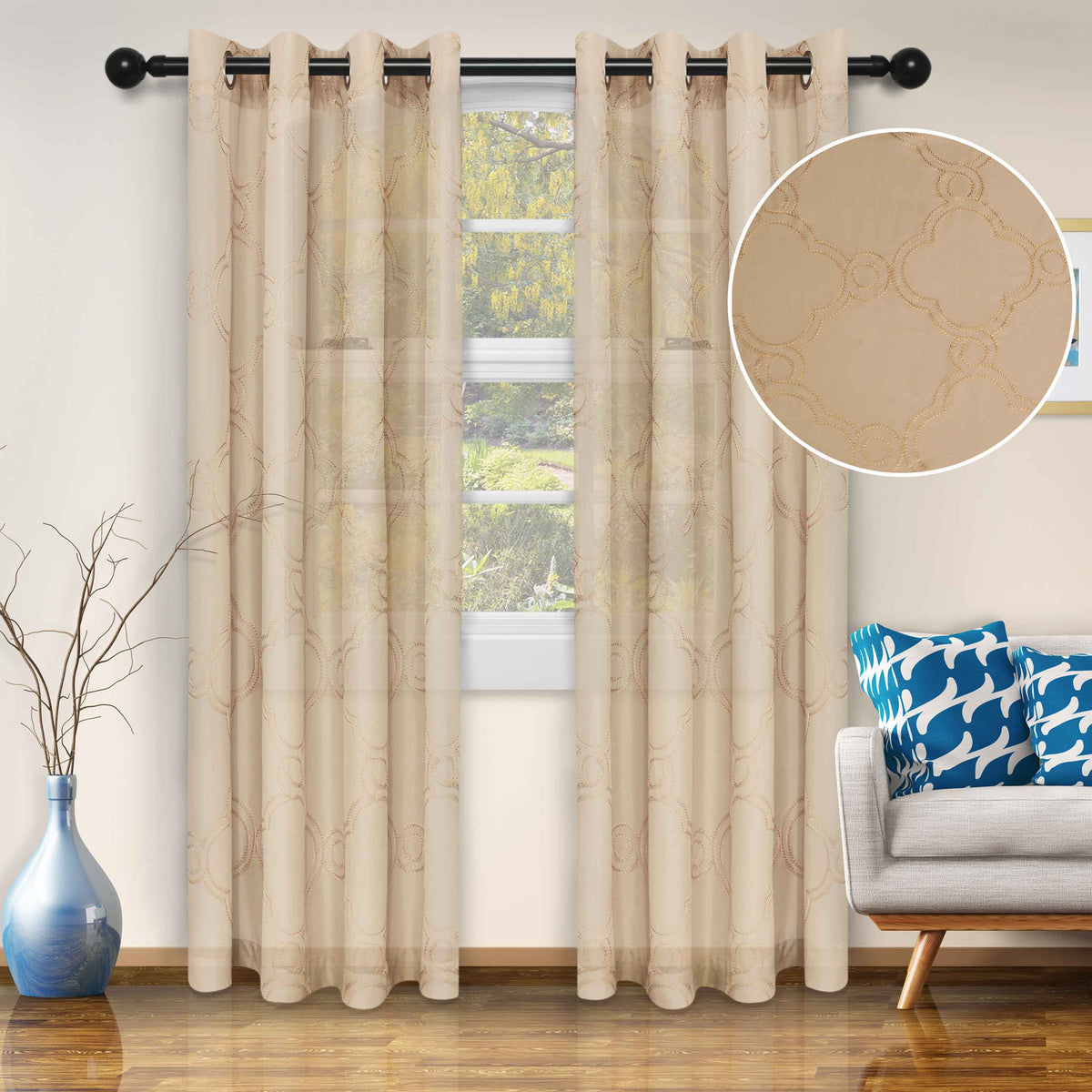 Embroidered Moroccan Sheer Grommet Curtain Panel Set - Beige