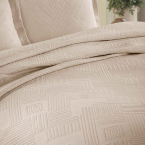 Cotton Jacquard Matelassé Scalloped Geometric Fret Bedspread Set - Bisque