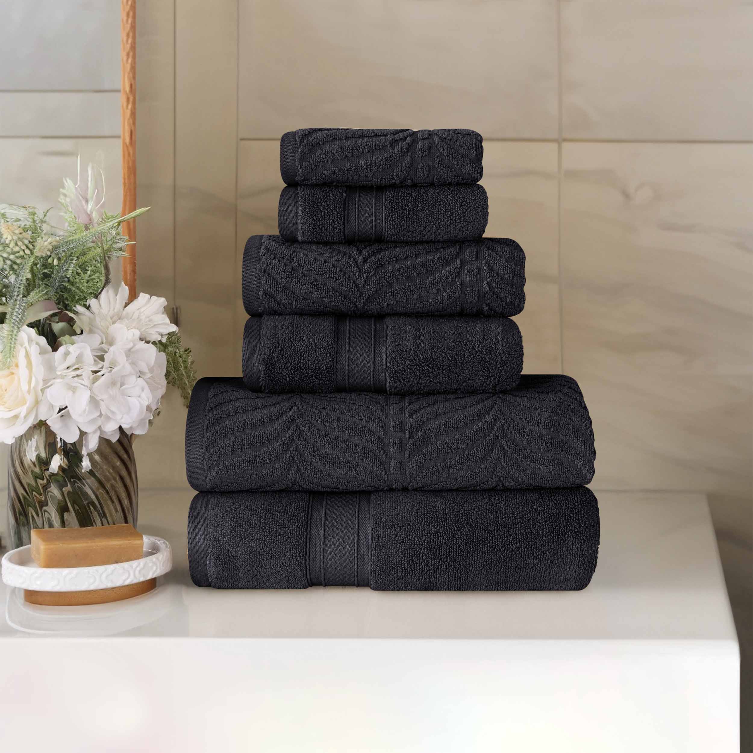 Chevron Zero Twist Solid and Jacquard Soft Cotton 6 Piece Towel Set - Towel Set by Superior Brand