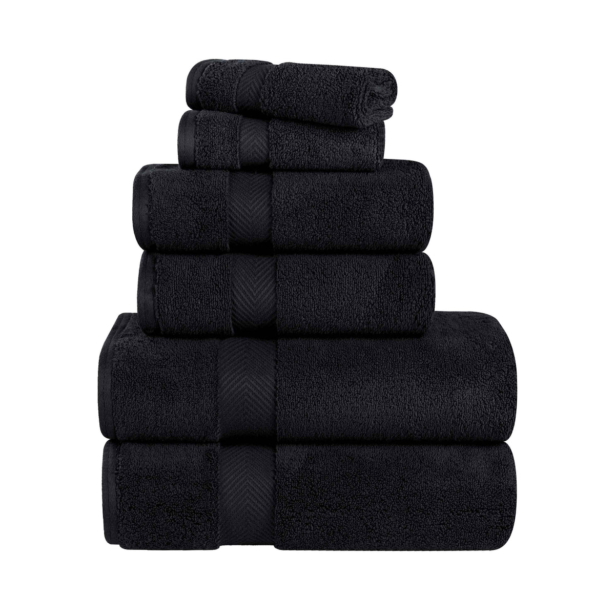 Zero-Twist Cotton Quick-Drying Absorbent Assorted 6 Piece Towel Set - Black