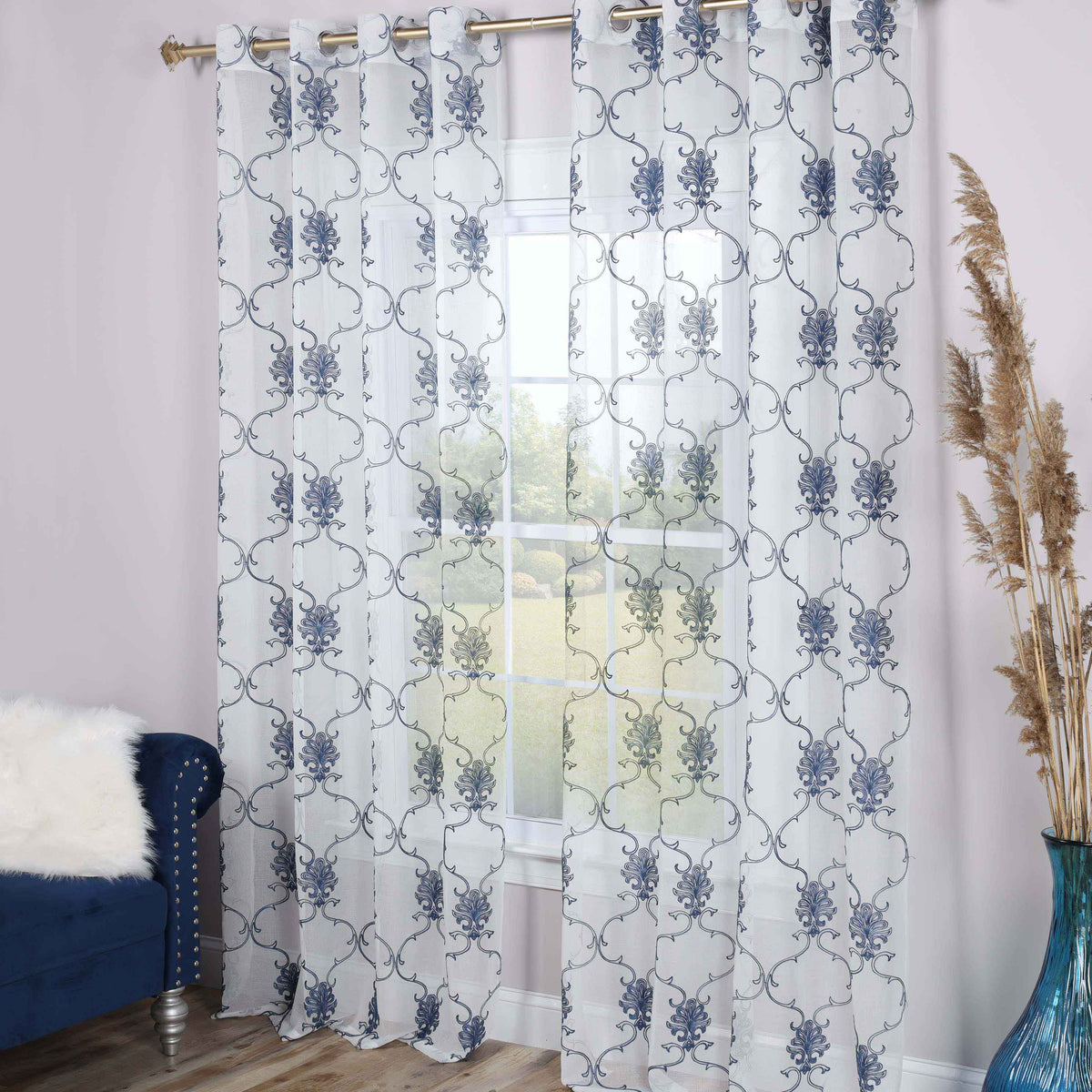 Embroidered Scroll Grommet 2-Piece Sheer Curtain Panel Set