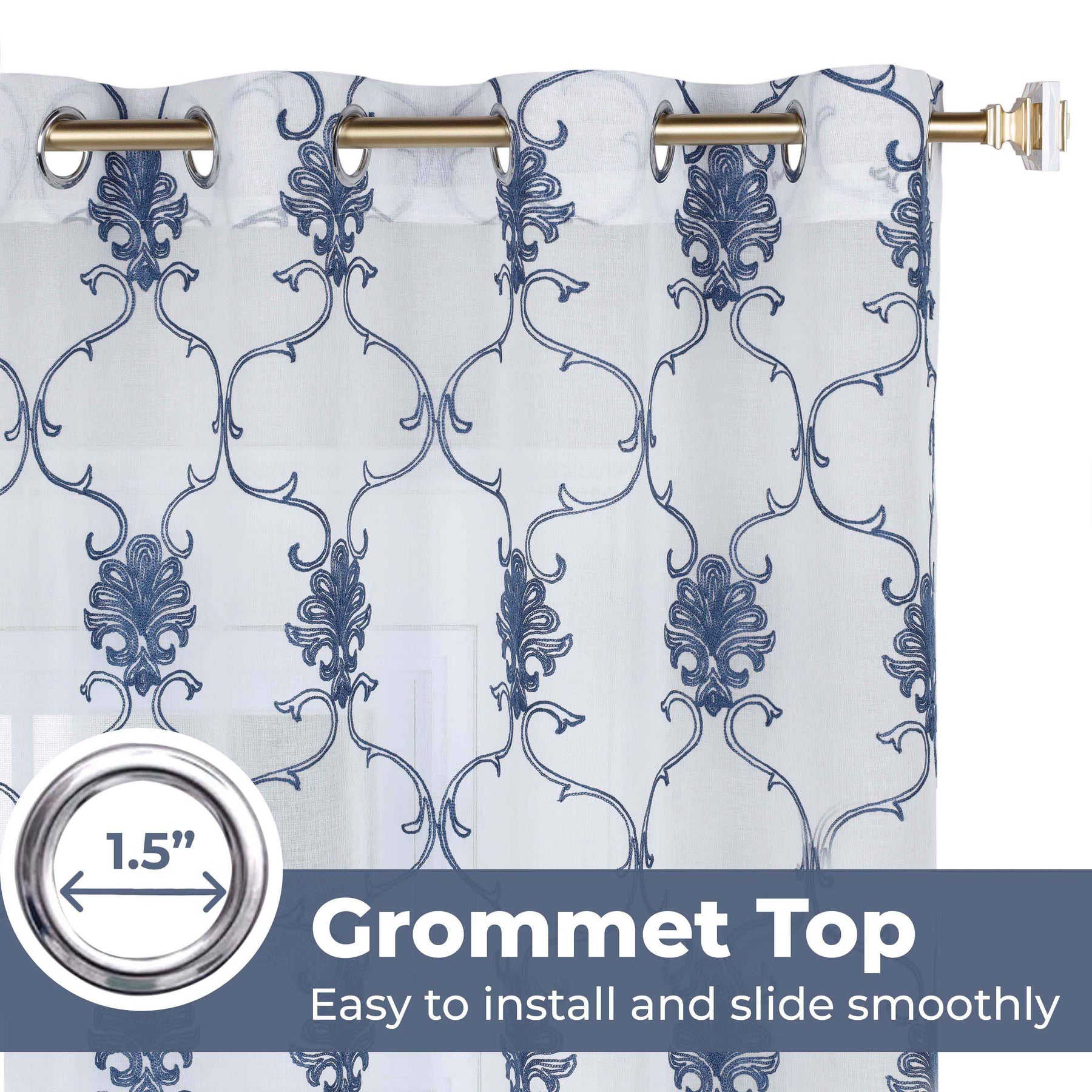 Embroidered Scroll Grommet 2-Piece Sheer Curtain Panel Set - Blue