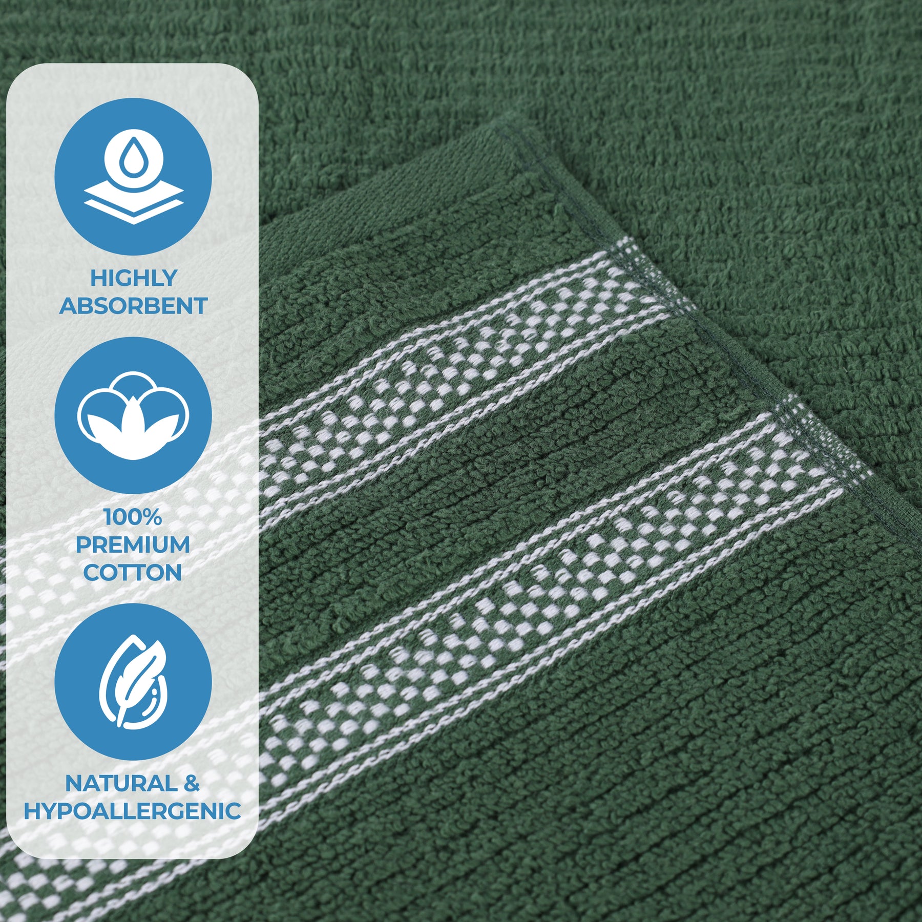 Zero Twist Cotton Ribbed Geometric Border Plush Hand Towel - Forest Green