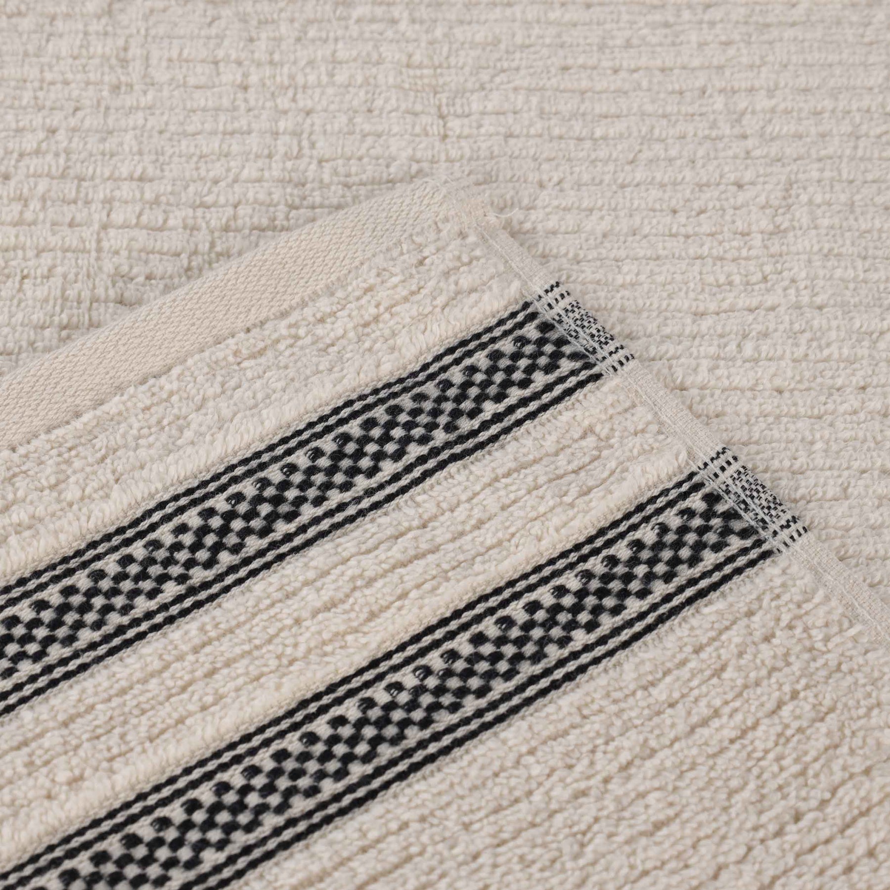 Zero Twist Cotton Ribbed Geometric Border Plush Face Towel - Ivory