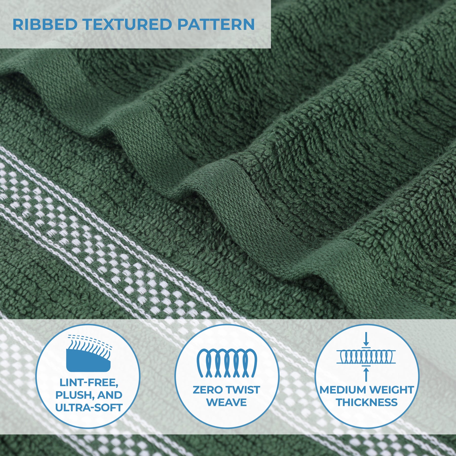 Zero Twist Cotton Ribbed Geometric Border Plush Bath Sheet -  Forest Green