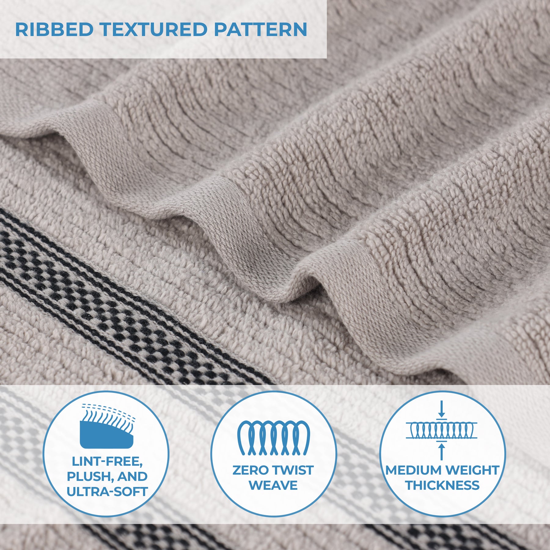 Zero Twist Cotton Ribbed Geometric Border Plush Bath Towel - Grey