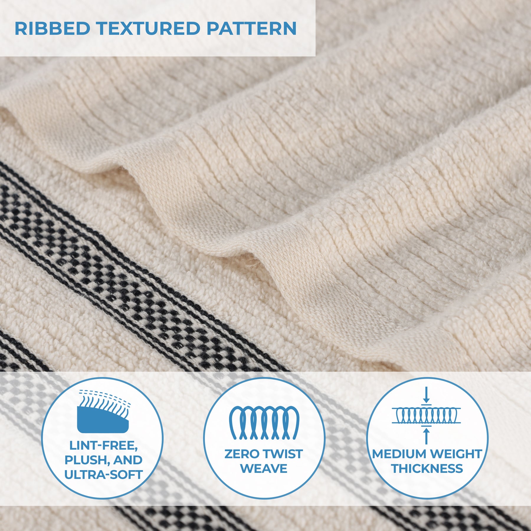 Zero Twist Cotton Ribbed Geometric Border Plush Bath Towel - Ivory