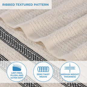 Zero Twist Cotton Ribbed Geometric Border Plush Hand Towel - Ivory
