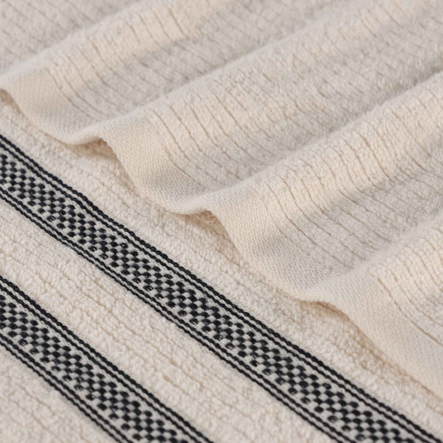Zero Twist Cotton Ribbed Geometric Border Plush Soft - Ivory