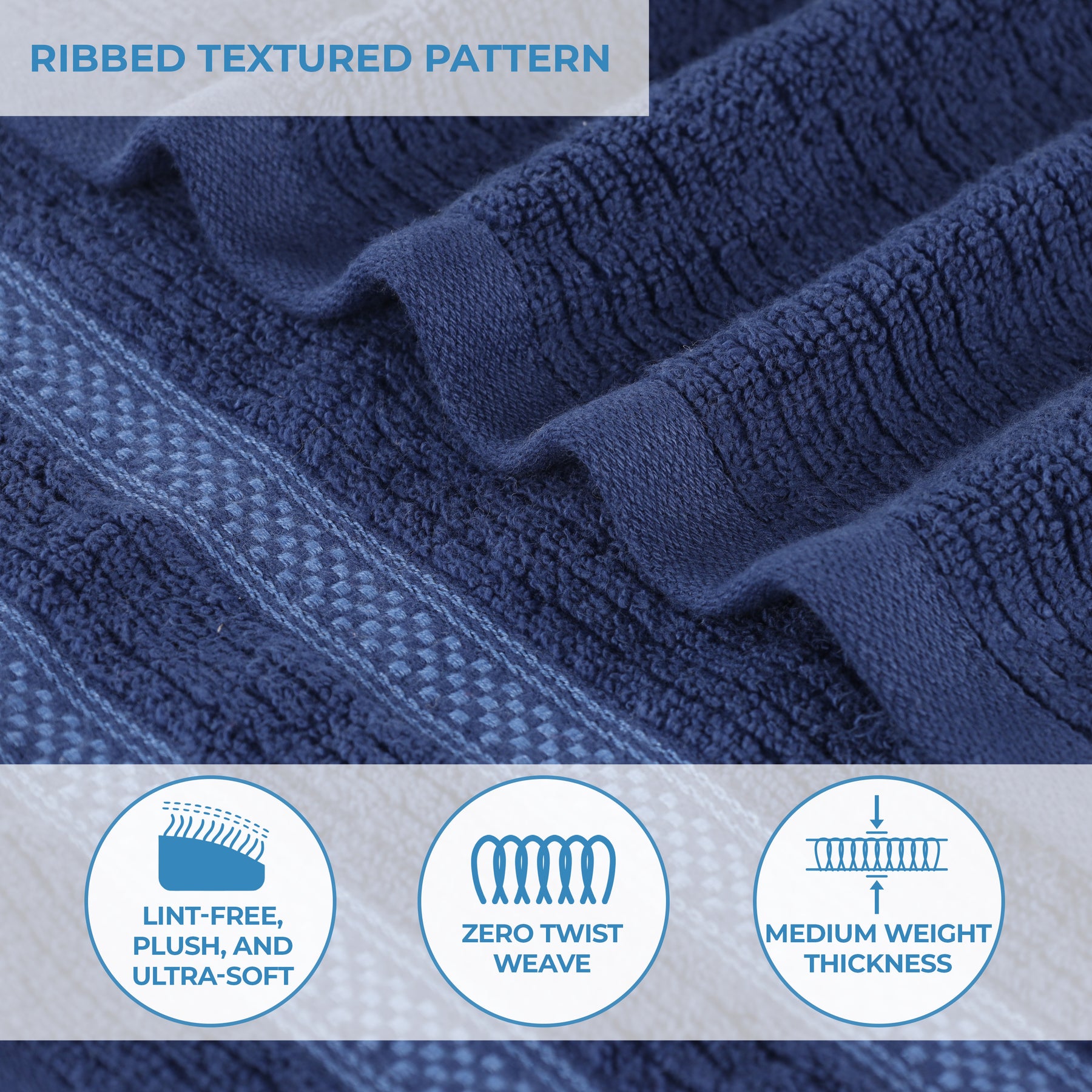 Zero Twist Cotton Ribbed Geometric Border Plush Bath Towel - Navy Blue