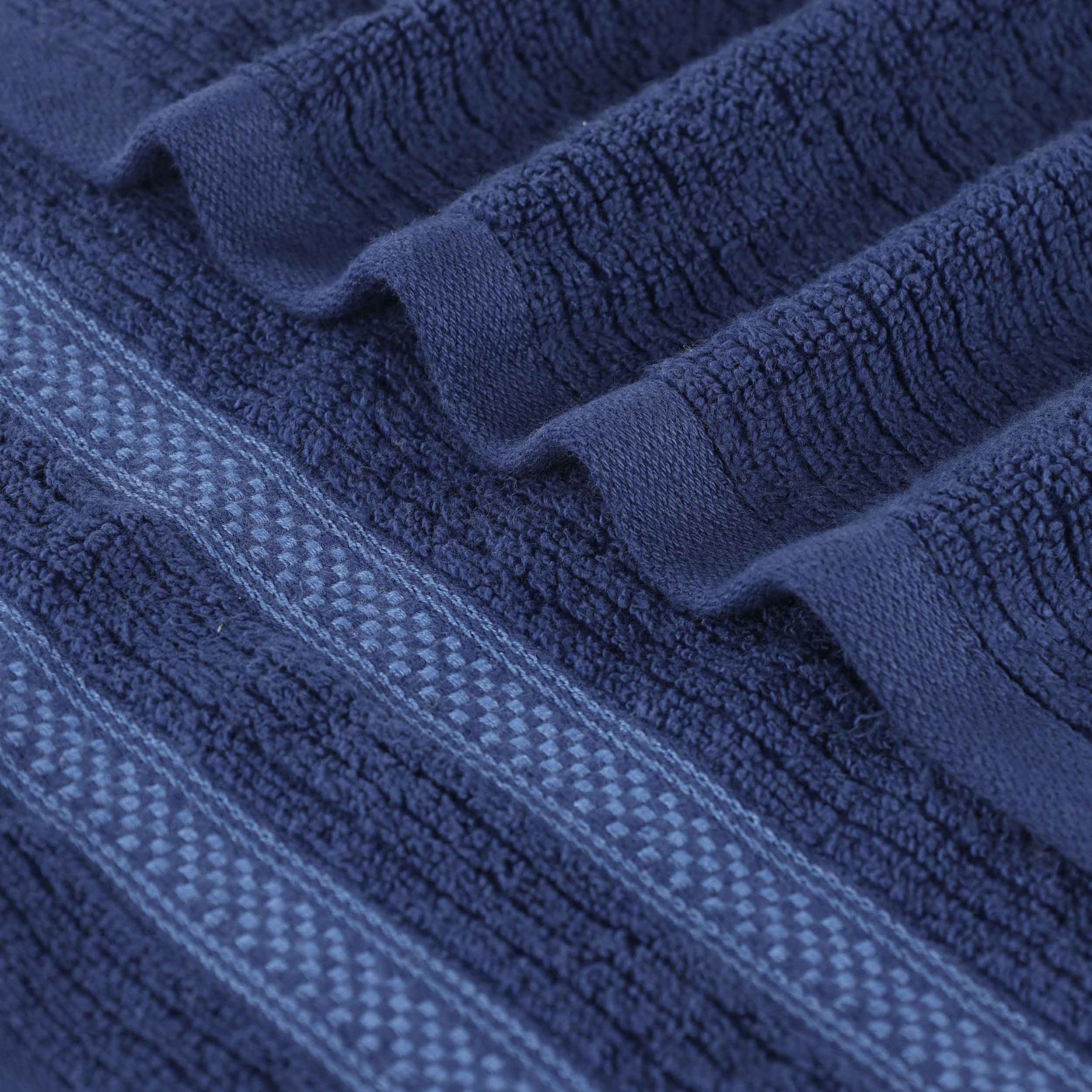 Zero Twist Cotton Ribbed Geometric Border Plush Soft - Navy Blue