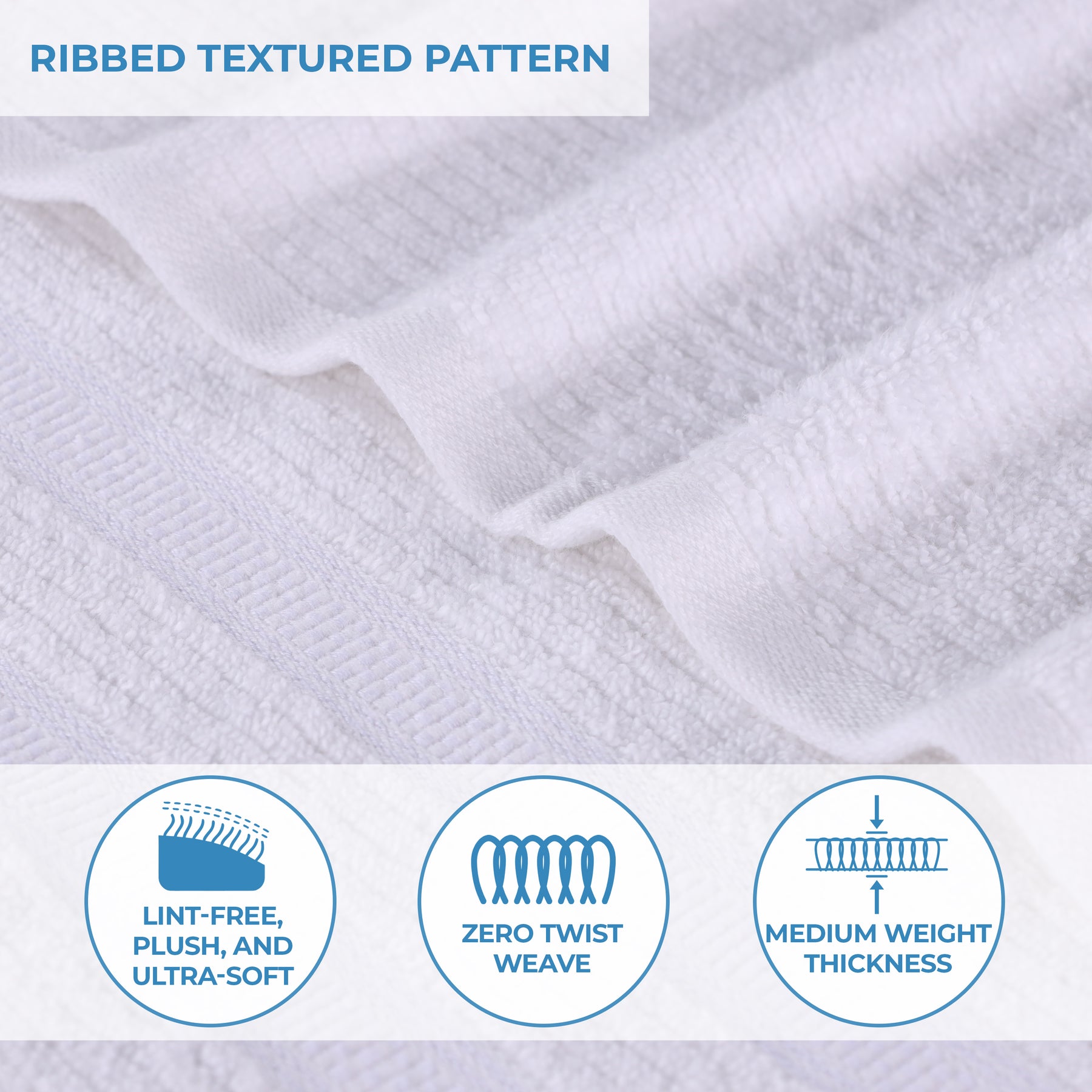 Ribbed White Bath Towels - 100% Cotton Towel Sets for Bathroom, Zero Twist,  Soft