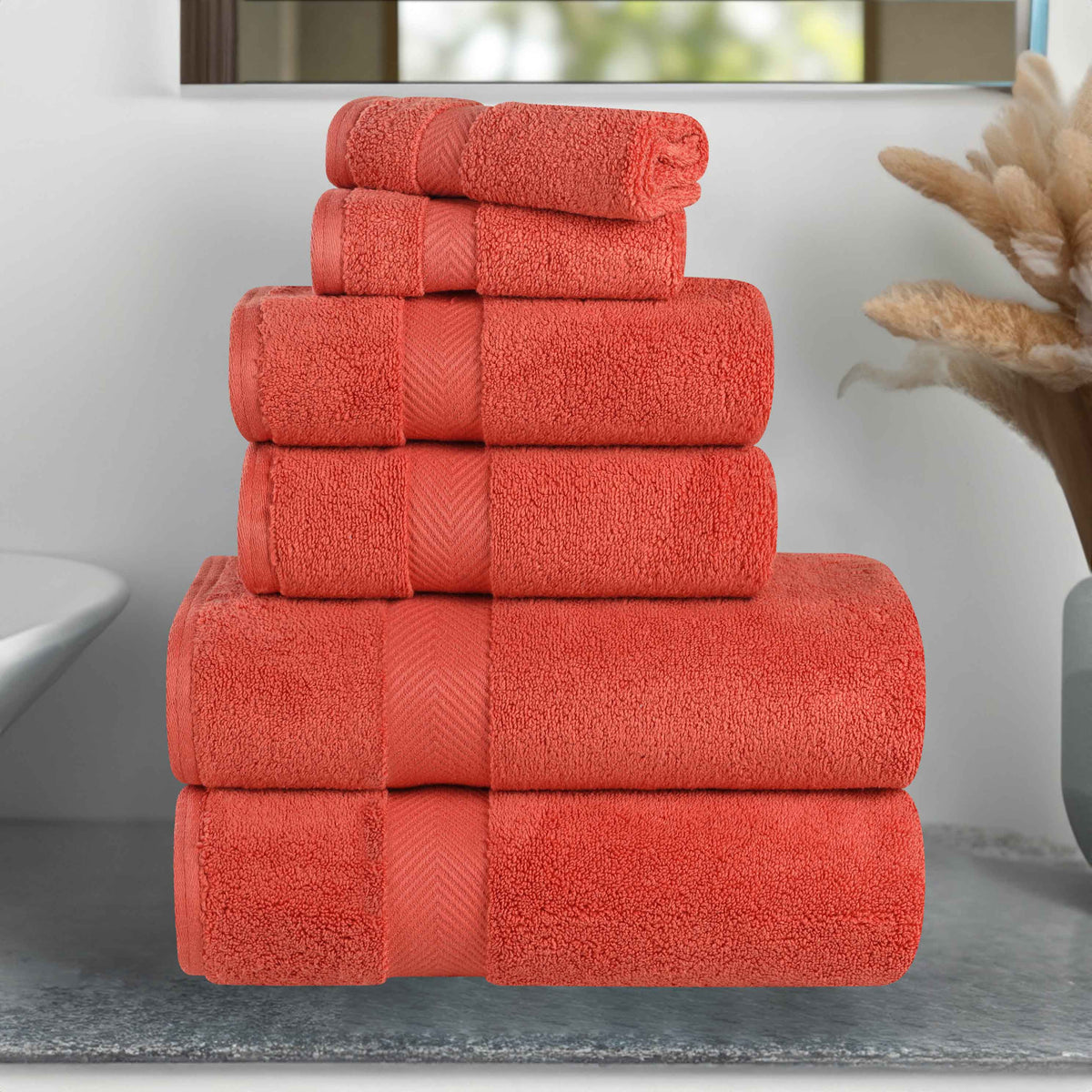 Zero-Twist Cotton Quick-Drying Absorbent Assorted 6 Piece Towel Set - Brick