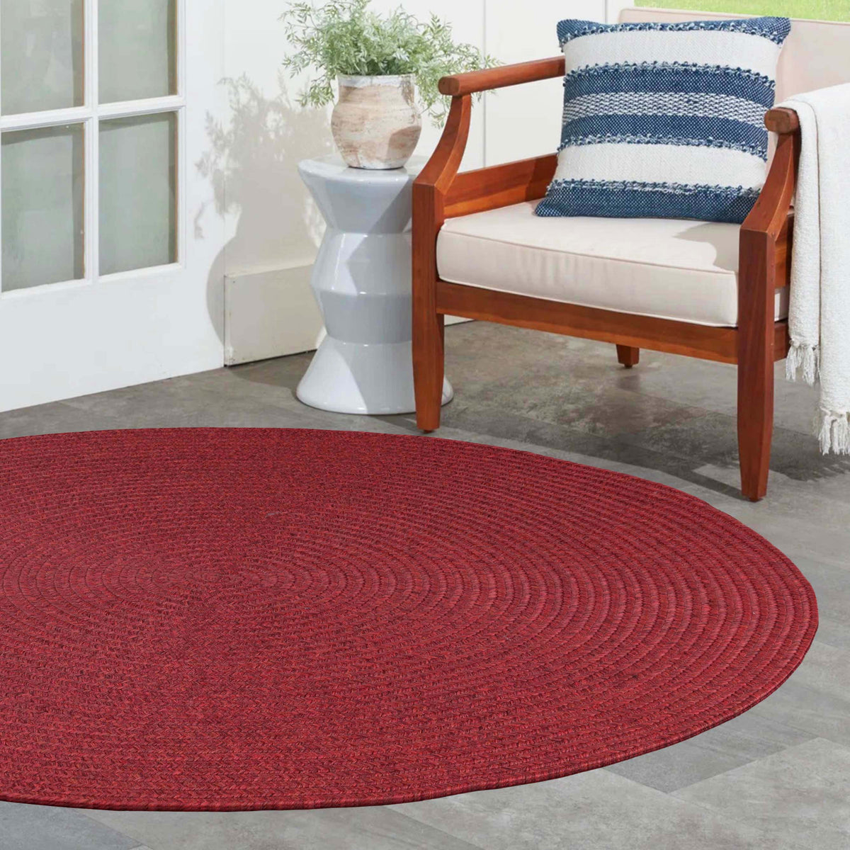 Bohemian Braided Indoor Outdoor Rugs Solid Round Area Rug - Burgundy