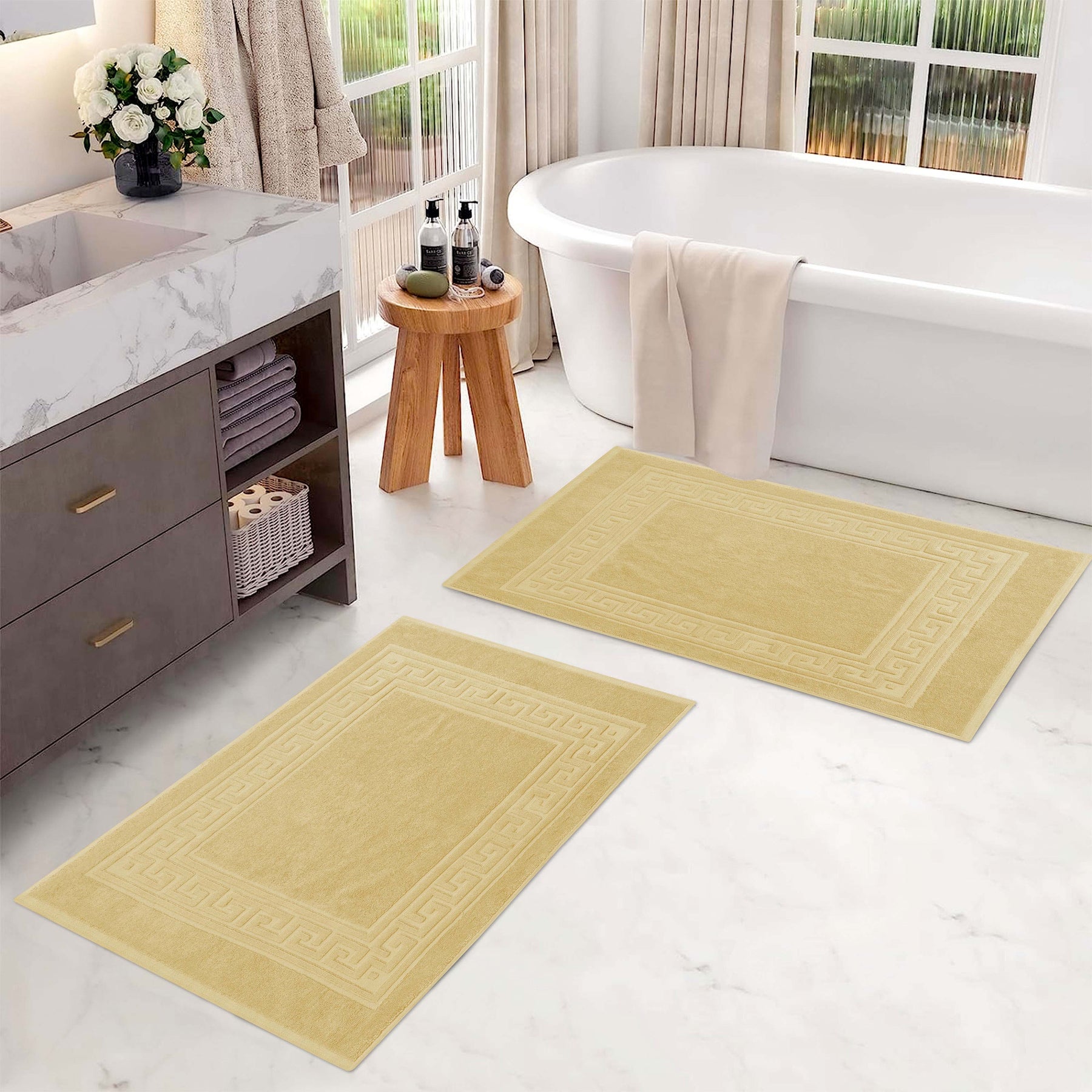 100% Cotton Highly-Absorbent Greek Key Border Solid 2-Piece Bath Mat Set  - Canary