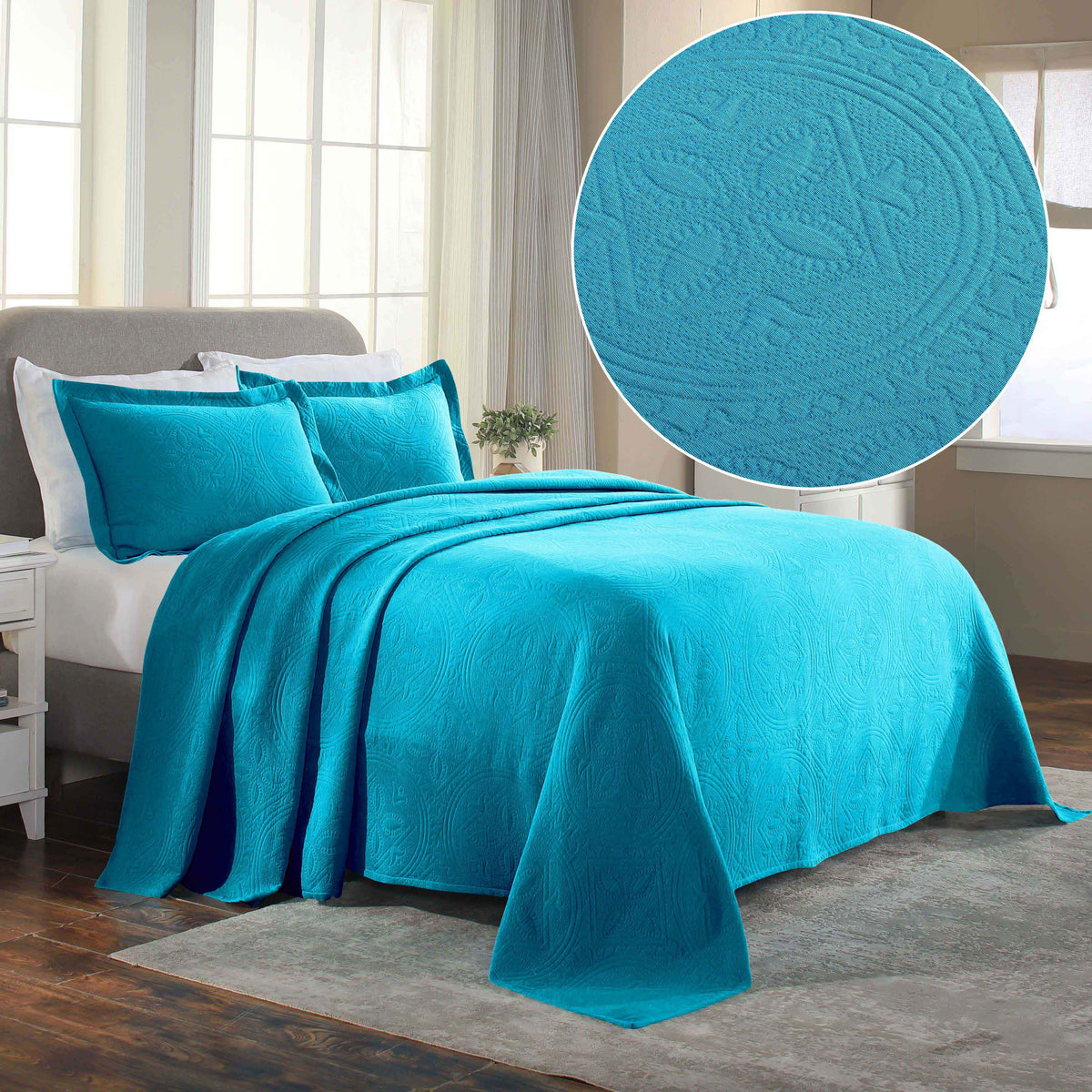 Celtic Circle Cotton Jacquard Matelasse Bedspread Set - PeacockBlue