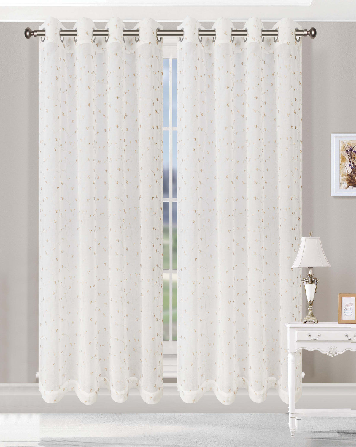 Embroidered Flower 2 Piece Grommet Sheer Curtain Panel Set