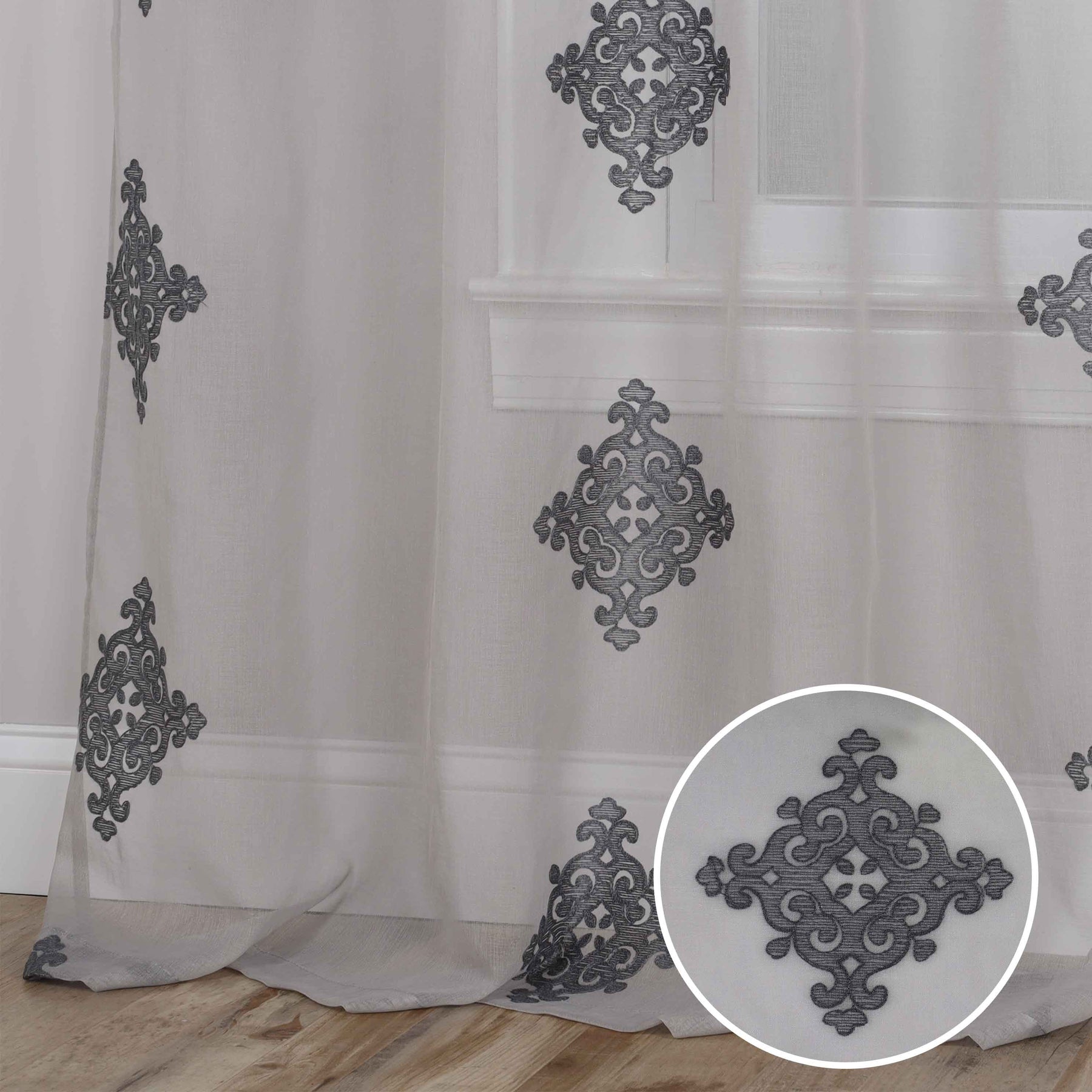 Sheer Traditional Embroidered Damask Grommet Curtain Panel Set - Charcoal