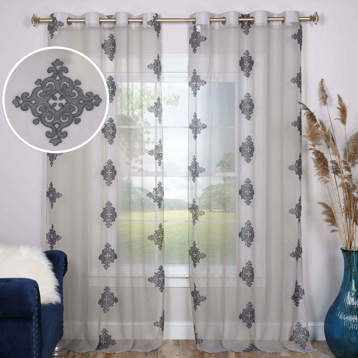 Sheer Traditional Embroidered Damask Grommet Curtain Panel Set