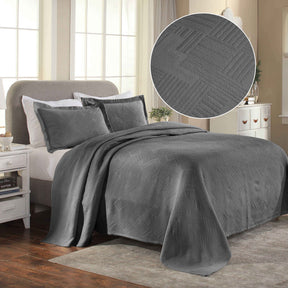 Cotton Jacquard Matelassé Scalloped Geometric Fret Bedspread Set - Charcoal