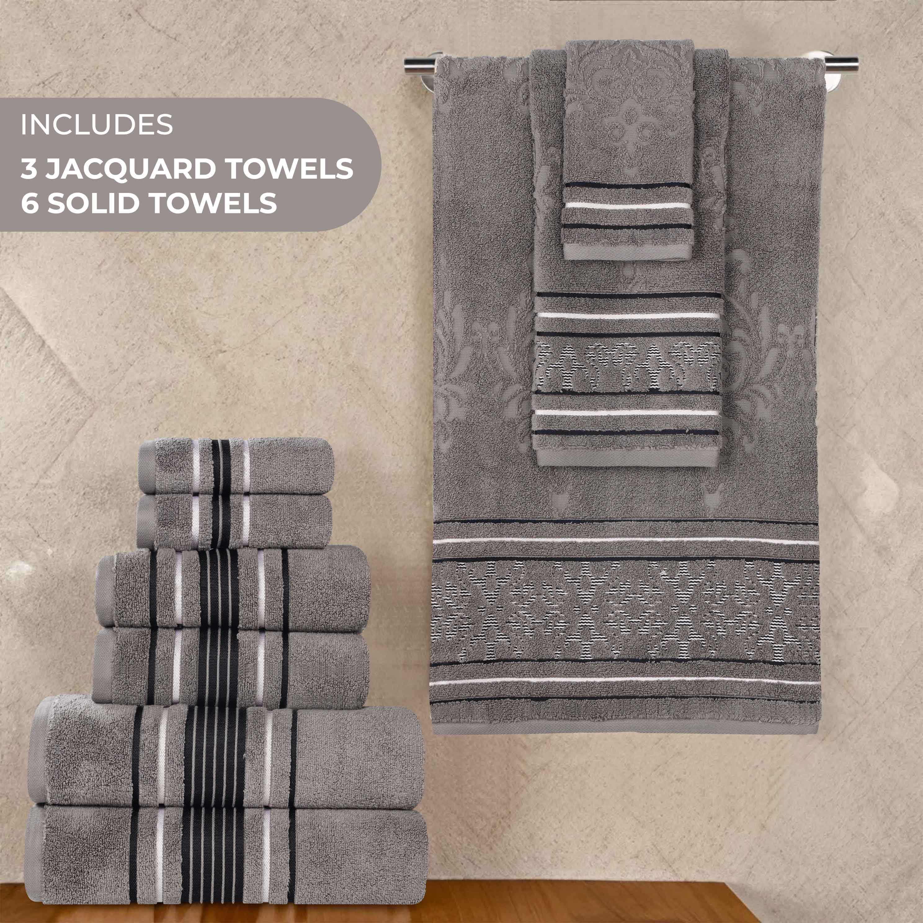 Sadie Zero Twist Cotton Solid and Jacquard Floral 9 Piece Towel Set - Towel Set by Superior Brand