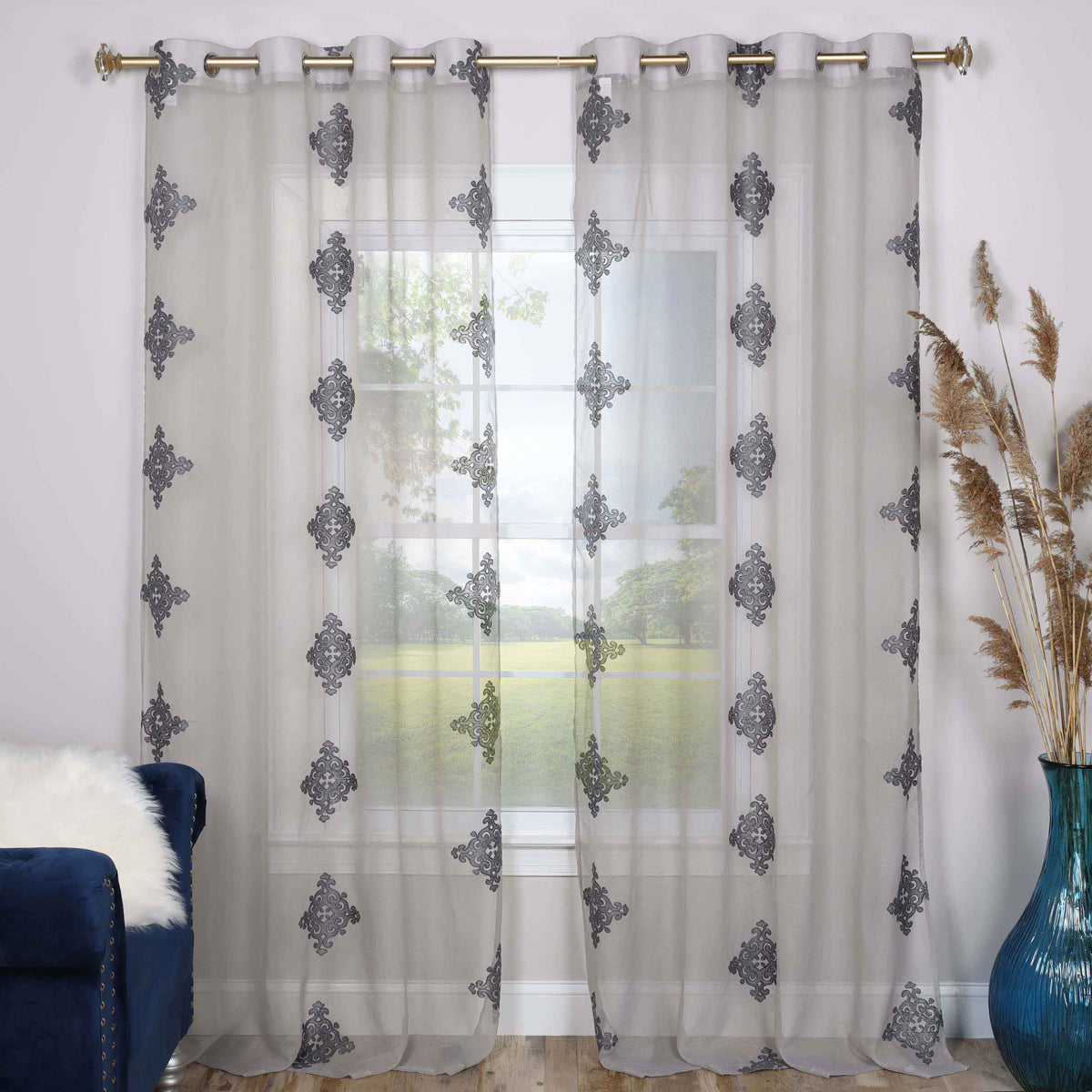 Sheer Traditional Embroidered Damask Grommet Curtain Panel Set
