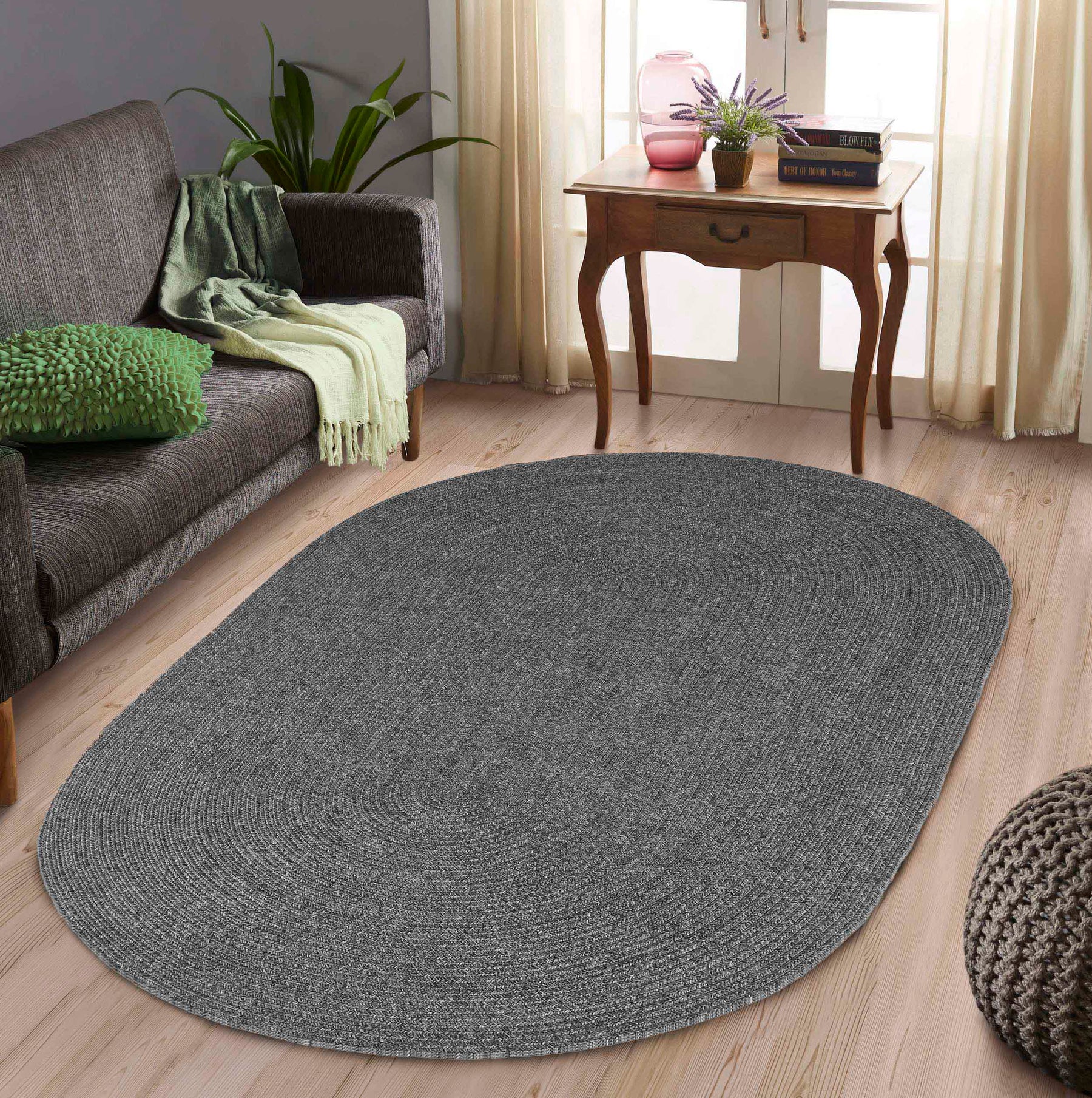Classic Braided Weave Oval Area Rug Indoor Outdoor Rugs - Charcoal