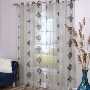 Sheer Traditional Embroidered Damask Grommet Curtain Panel Set - Charcoal