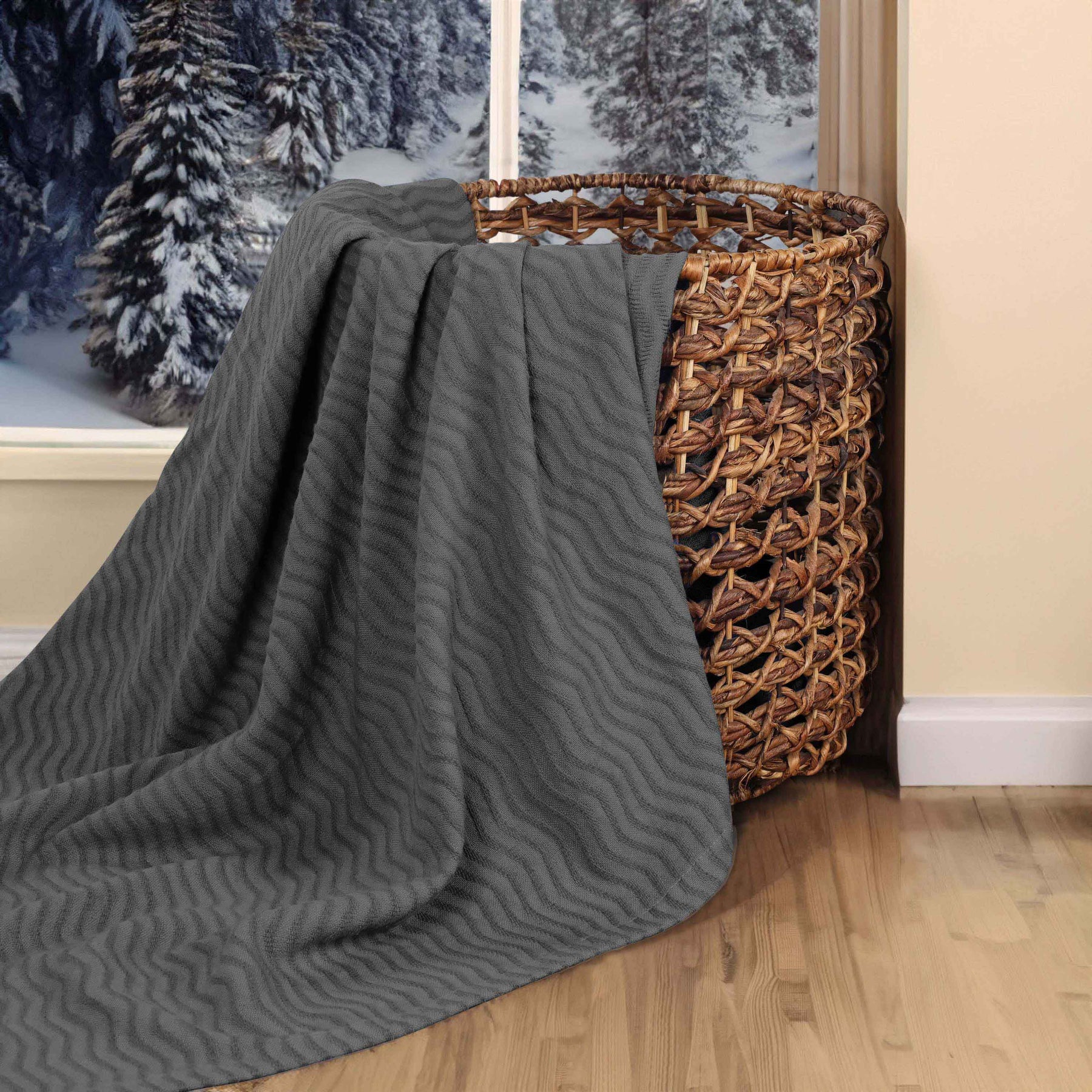 Jena Cotton Textured Chevron Lightweight Woven Blanket - Charcoal