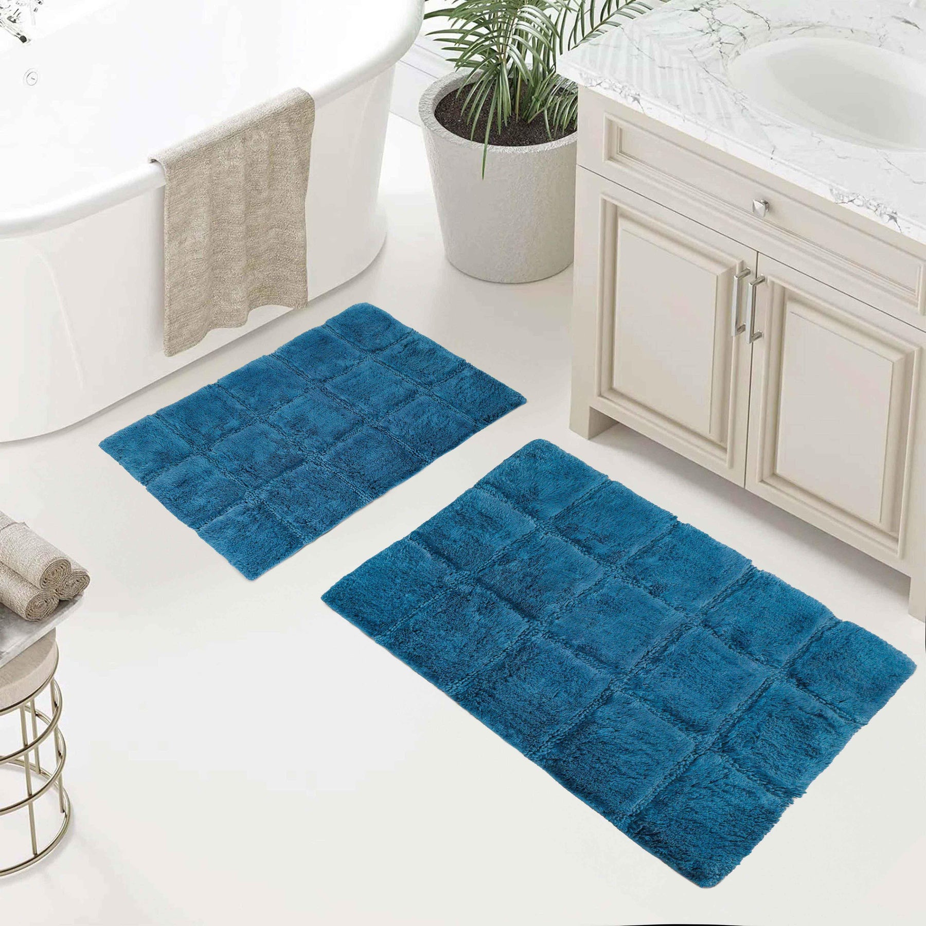 2 Piece Cotton Checkered Solid Non Slip Bath Rug Set - Sapphire