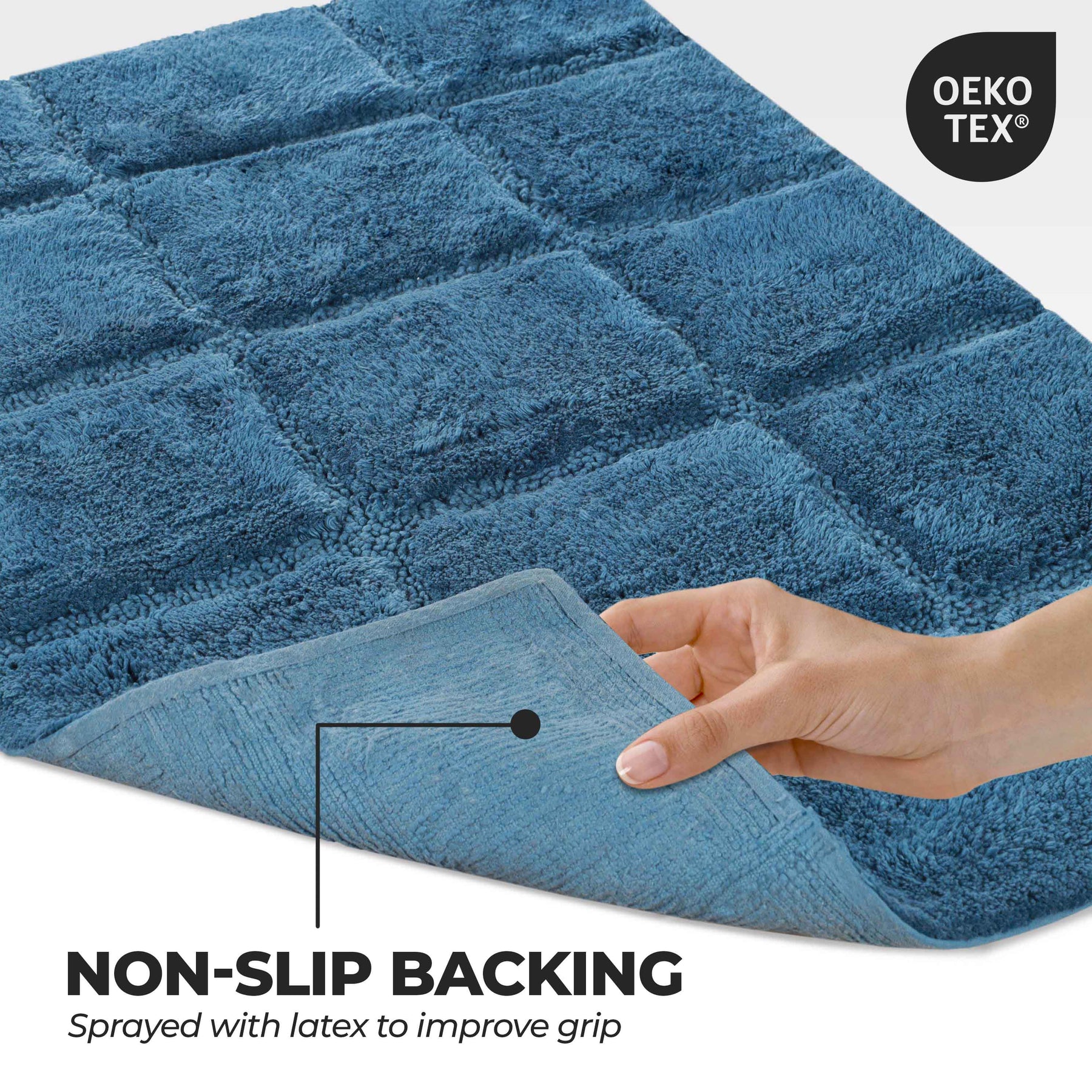 2 Piece Cotton Checkered Solid Non Slip Bath Rug Set - Sapphire