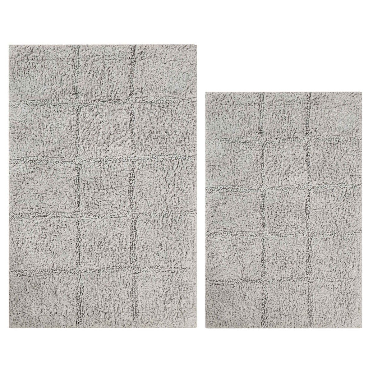2 Piece Cotton Checkered Solid Non Slip Bath Rug Set - Silver