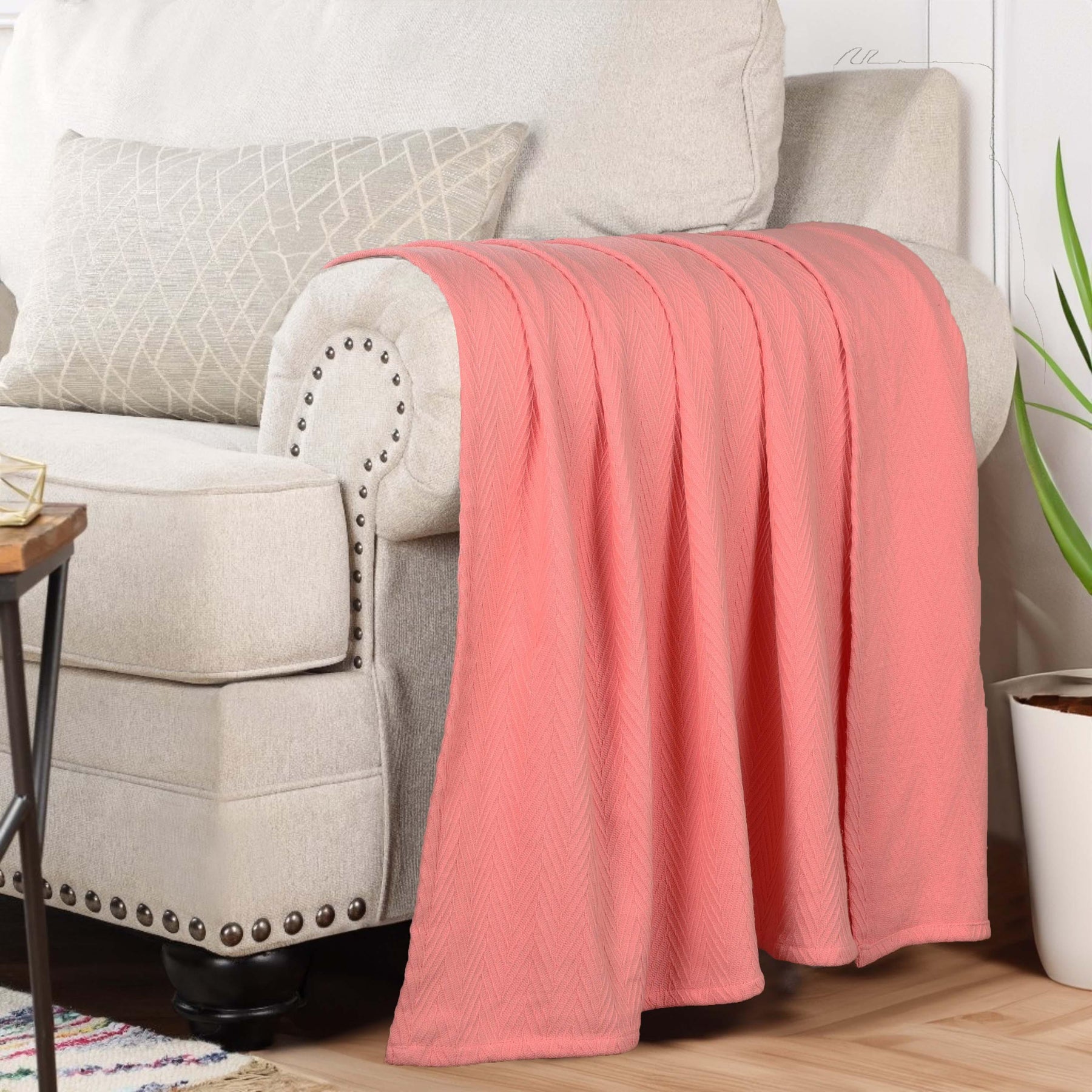 Chevron All-Season Cotton Blanket - Coral