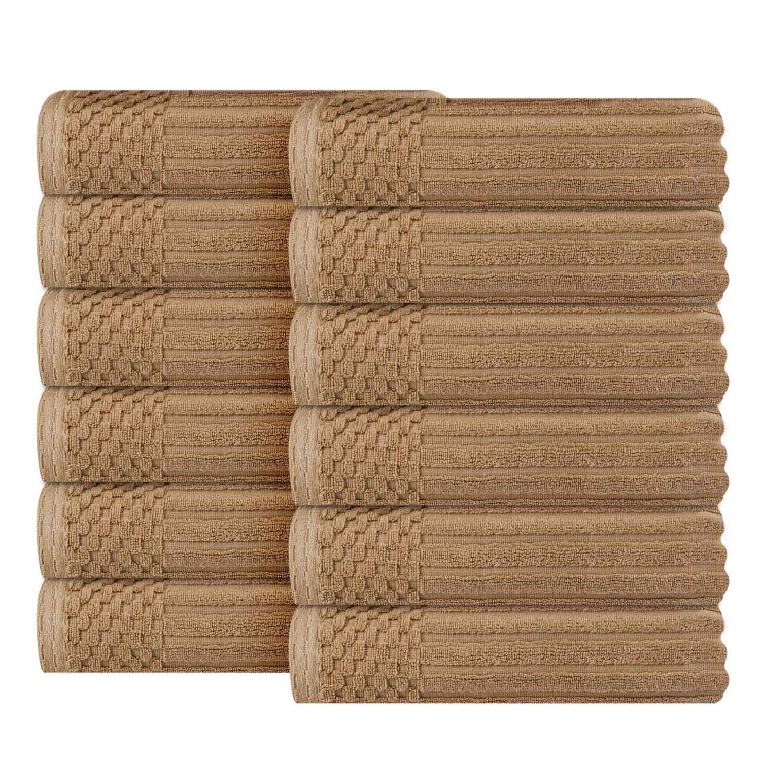 Soho Ribbed Cotton Absorbent Face Towel / Washcloth Set of 12 - Coffee