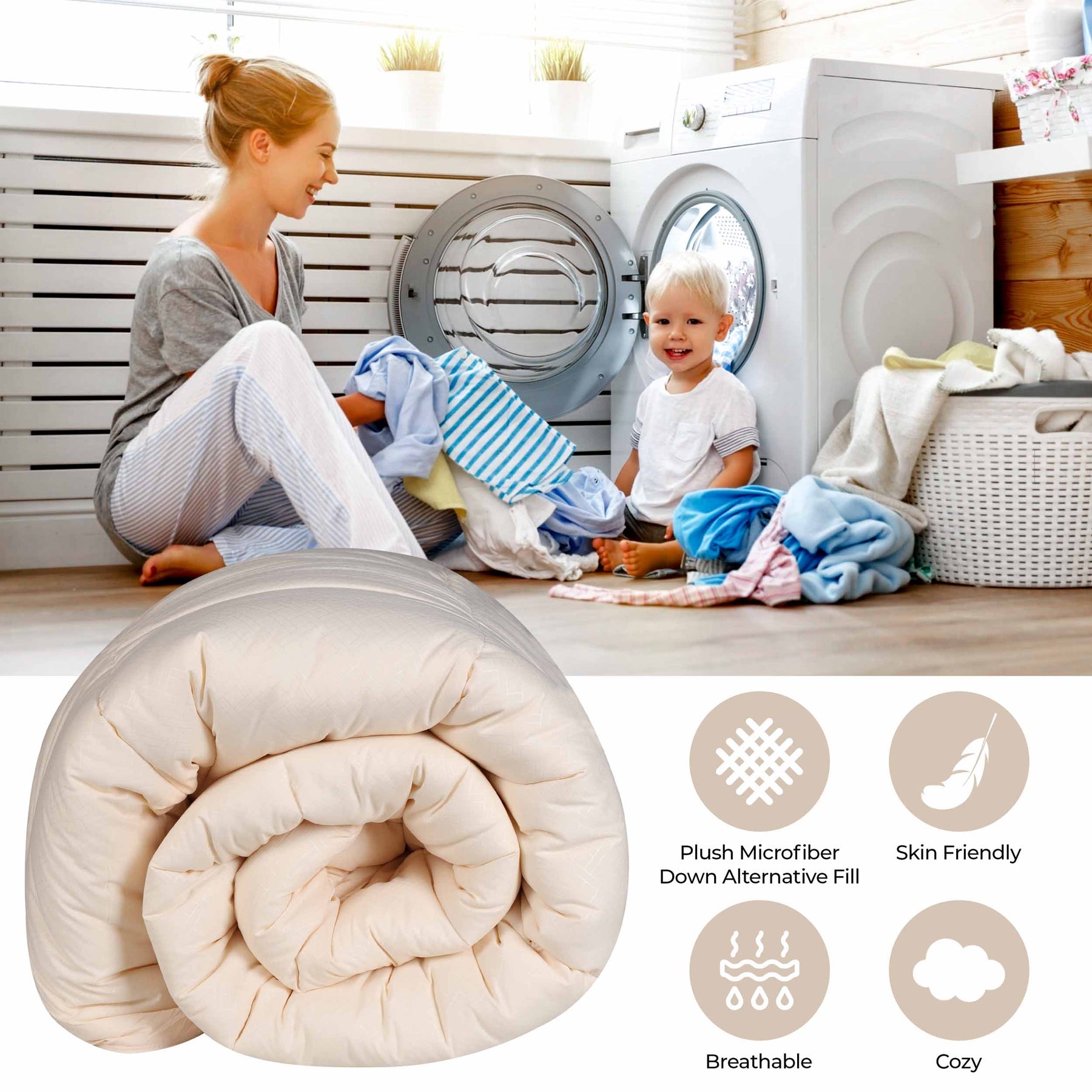 Monochrome Basketweave Plush Microfiber Down Alternative Comforter - Cream