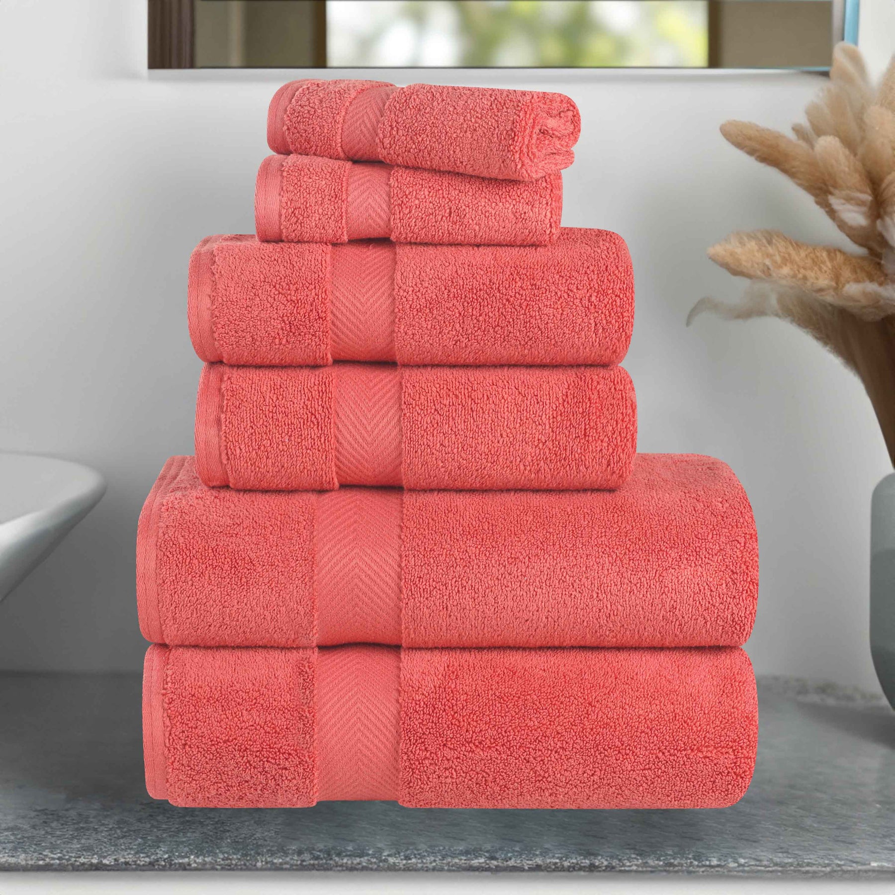 Zero-Twist Cotton Quick-Drying Absorbent Assorted 6 Piece Towel Set - Coral