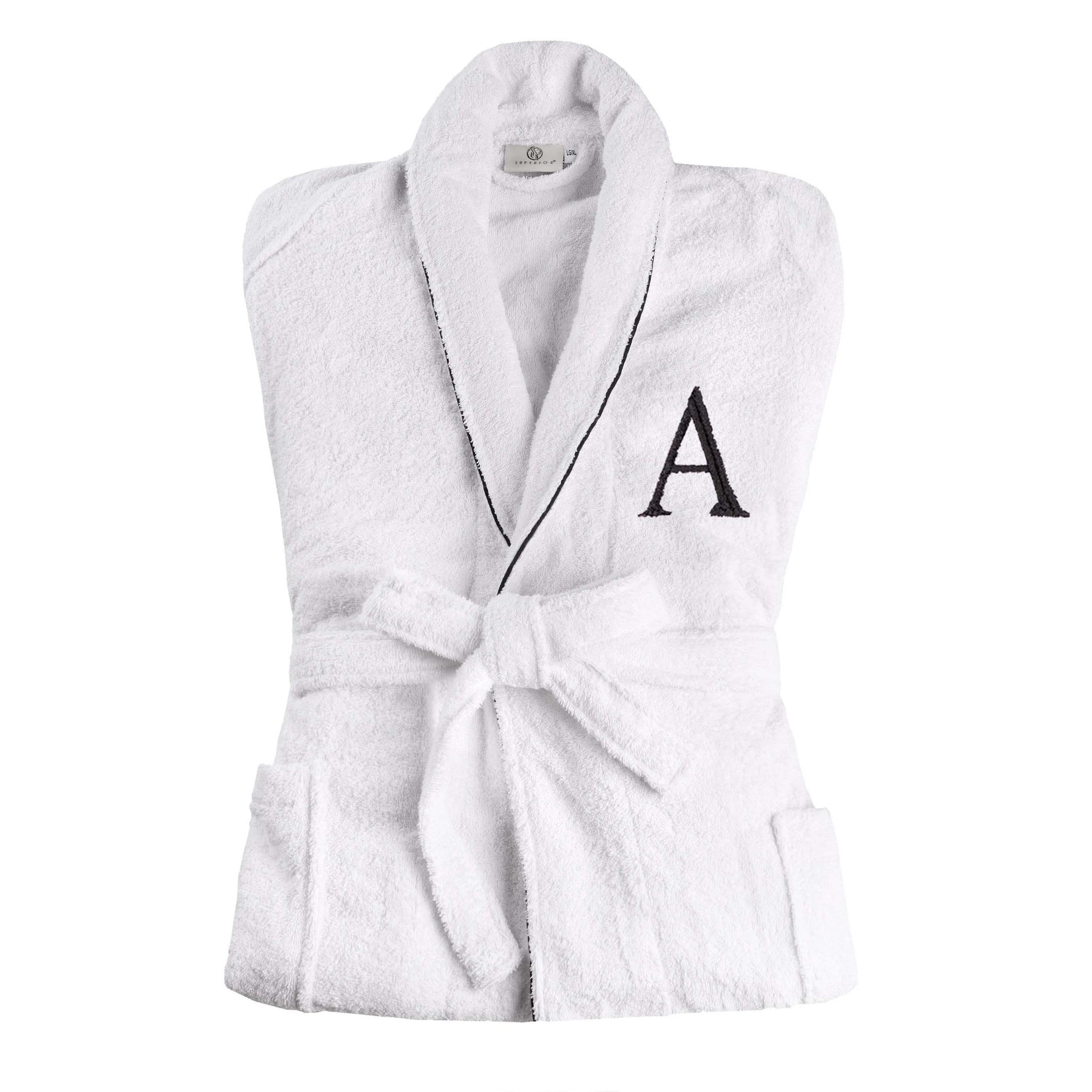 Cotton Adult Unisex Embroidered Fluffy Bathrobe White - Letter A