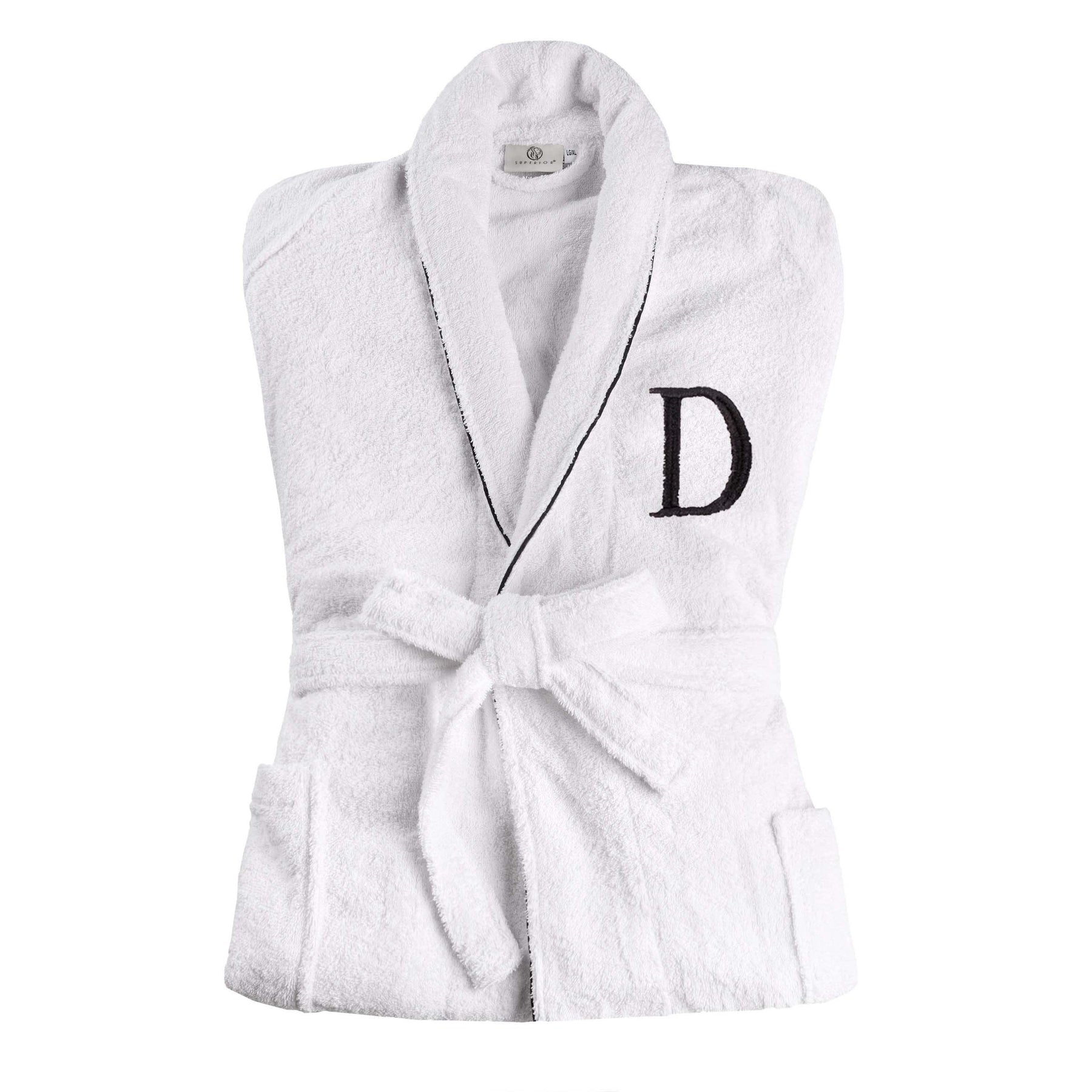 Cotton Adult Unisex Embroidered Fluffy Bathrobe White - Letter D