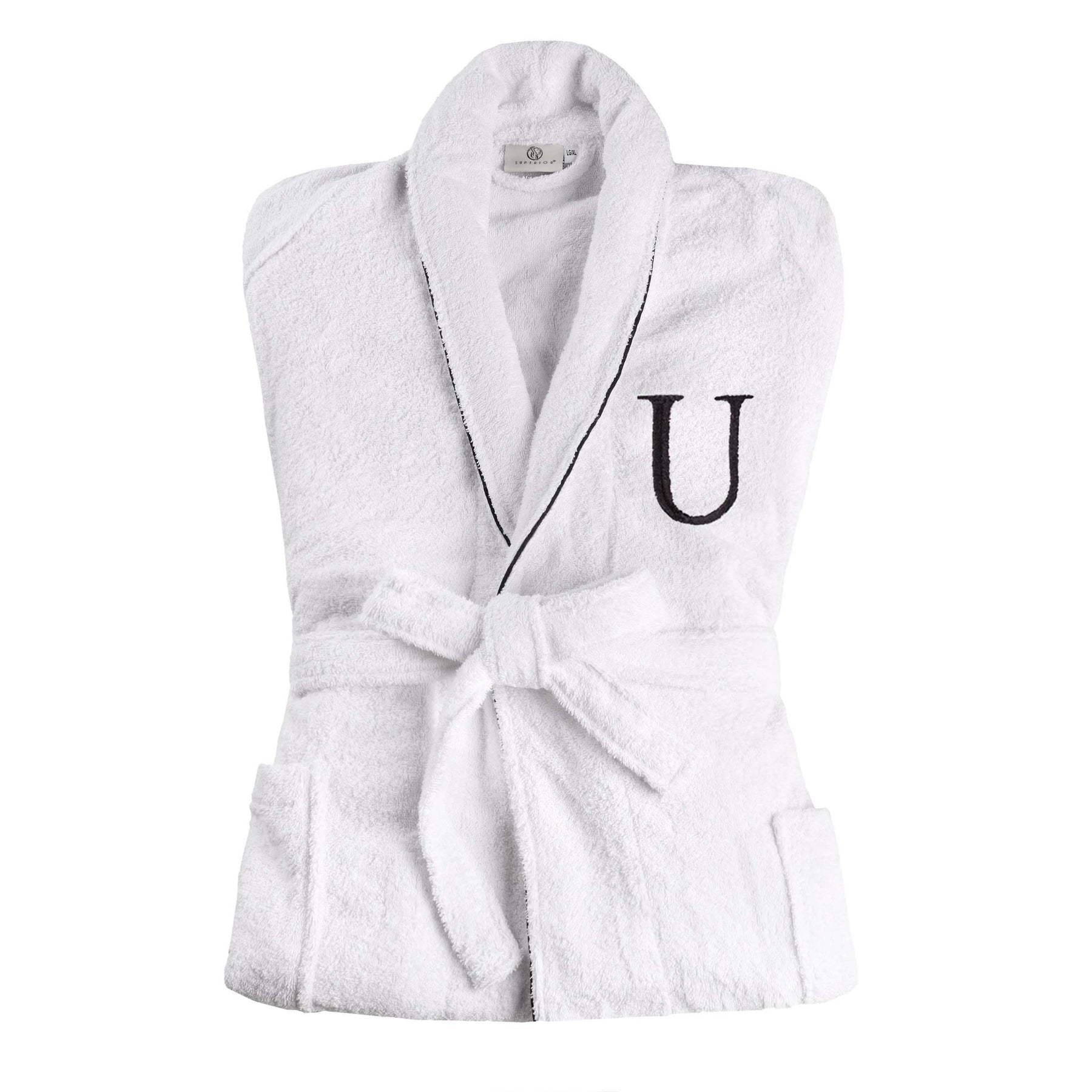 Cotton Adult Unisex Embroidered Fluffy Bathrobe White - Letter U