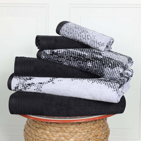 Cotton Marble and Solid Quick Dry 6 Piece Assorted Bathroom Towel Set - Black