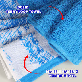 Cotton Marble and Solid Quick Dry 6 Piece Assorted Bathroom Towel Set - Blue
