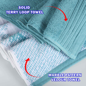 Cotton Marble and Solid Quick Dry 6 Piece Assorted Bathroom Towel Set - Cyan