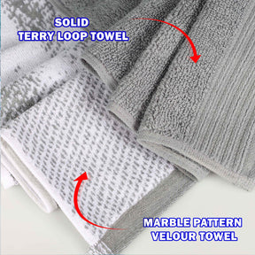 Cotton Marble and Solid Quick Dry 6 Piece Assorted Bathroom Towel Set - Gray
