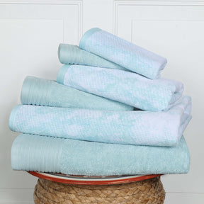Cotton Marble and Solid Quick Dry 6 Piece Assorted Bathroom Towel Set - Teal