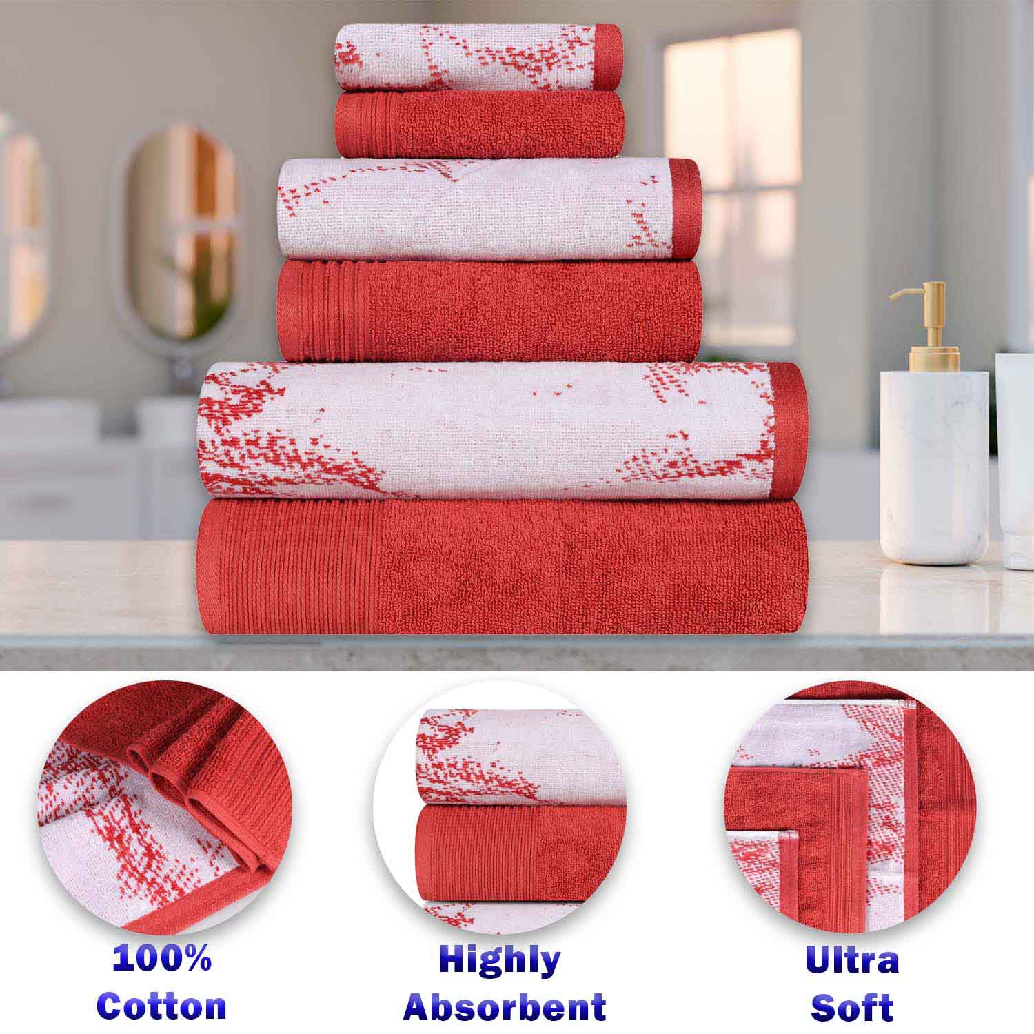 Cotton Marble and Solid Quick Dry 6 Piece Assorted Bathroom Towel Set - TerraCotta