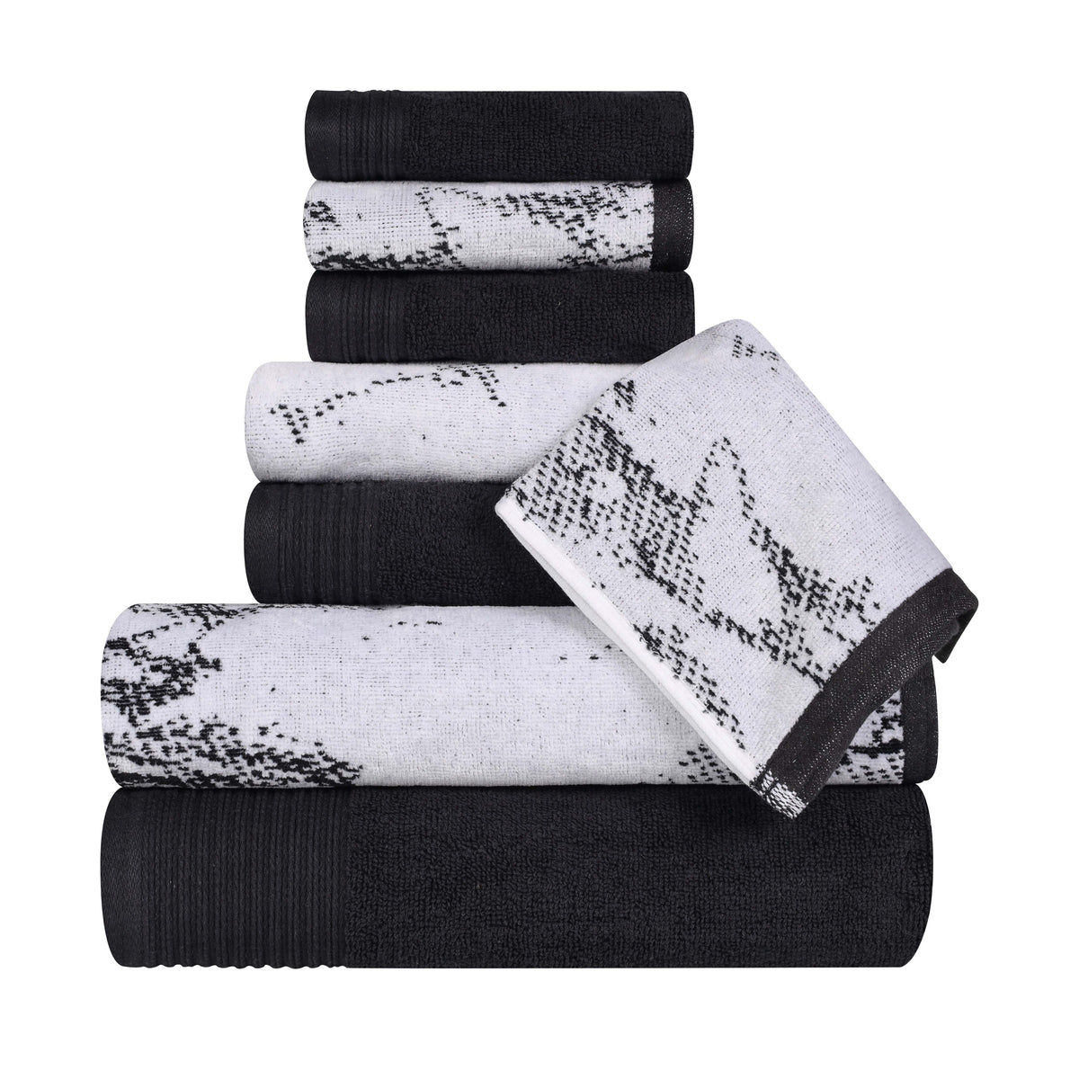 Cotton Marble and Solid Quick Dry 8 Piece Assorted Bathroom Towel Set - Black