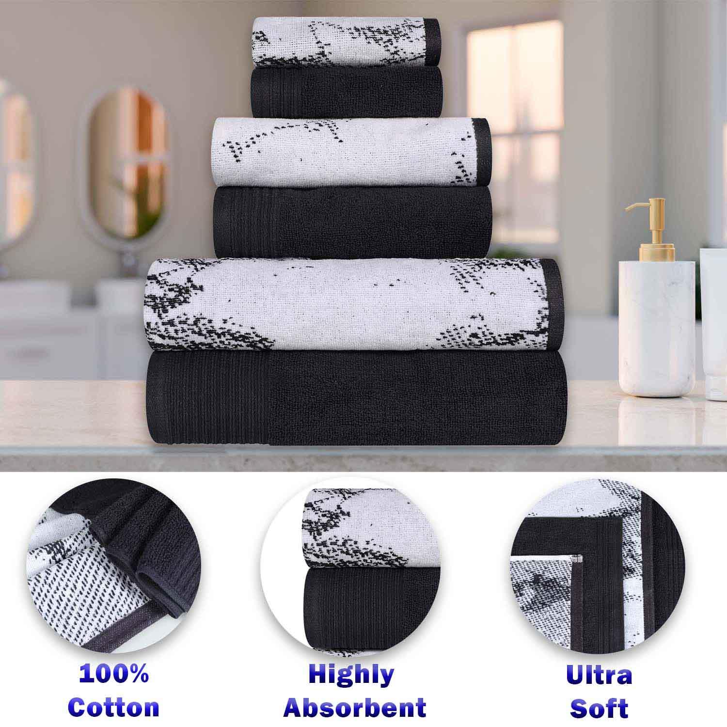 Cotton Marble and Solid Quick Dry 8 Piece Assorted Bathroom Towel Set - Black