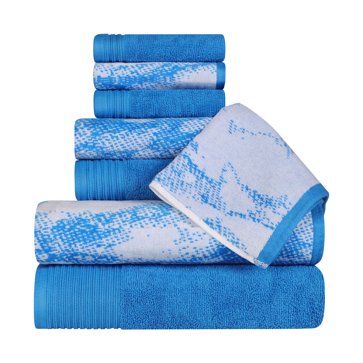 Cotton Marble and Solid Quick Dry 8 Piece Assorted Bathroom Towel Set - Blue