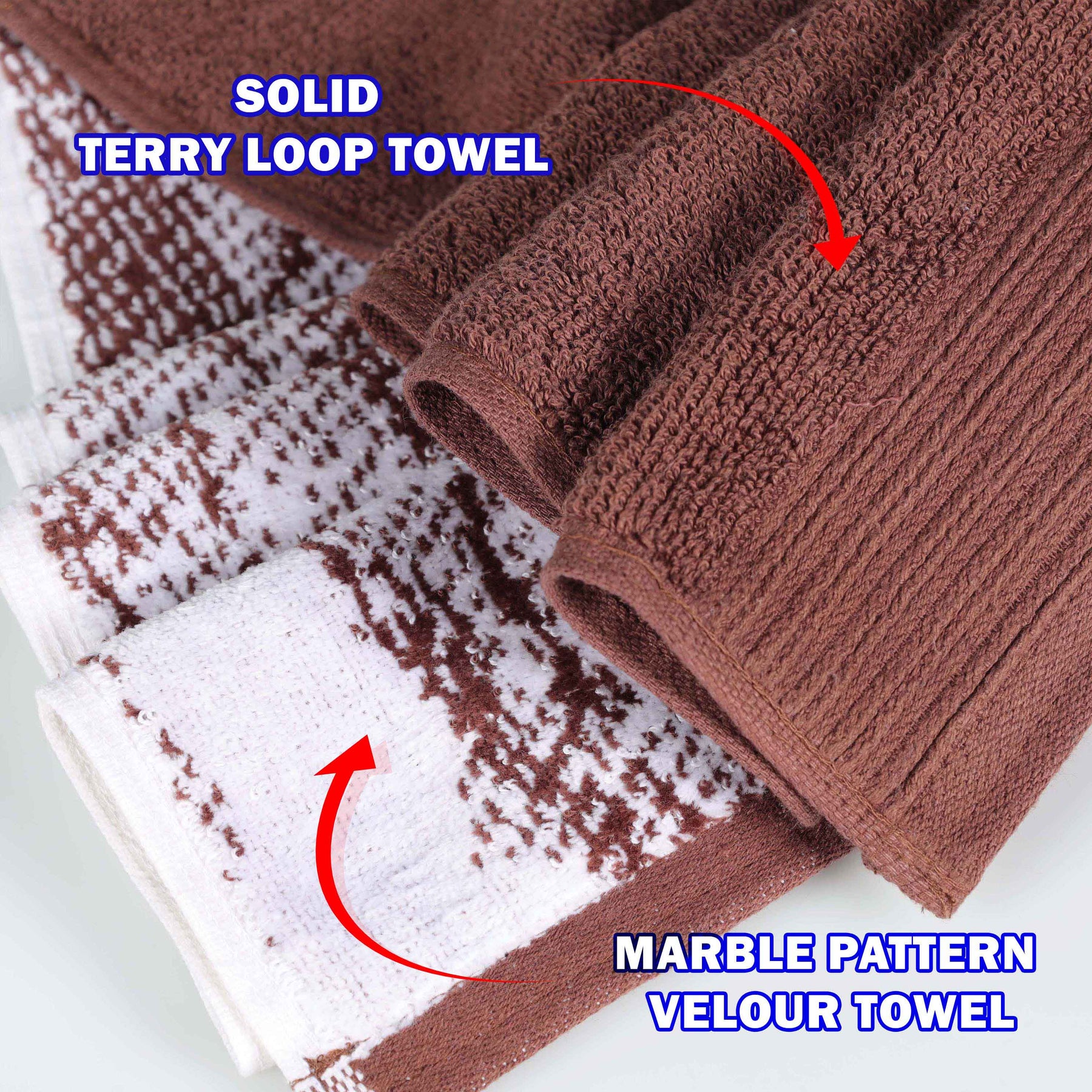 Cotton Marble and Solid Quick Dry 8 Piece Assorted Bathroom Towel Set - Brown