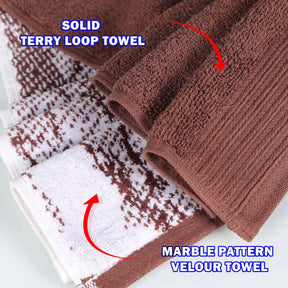 Cotton Marble and Solid Quick Dry 8 Piece Assorted Bathroom Towel Set - Brown